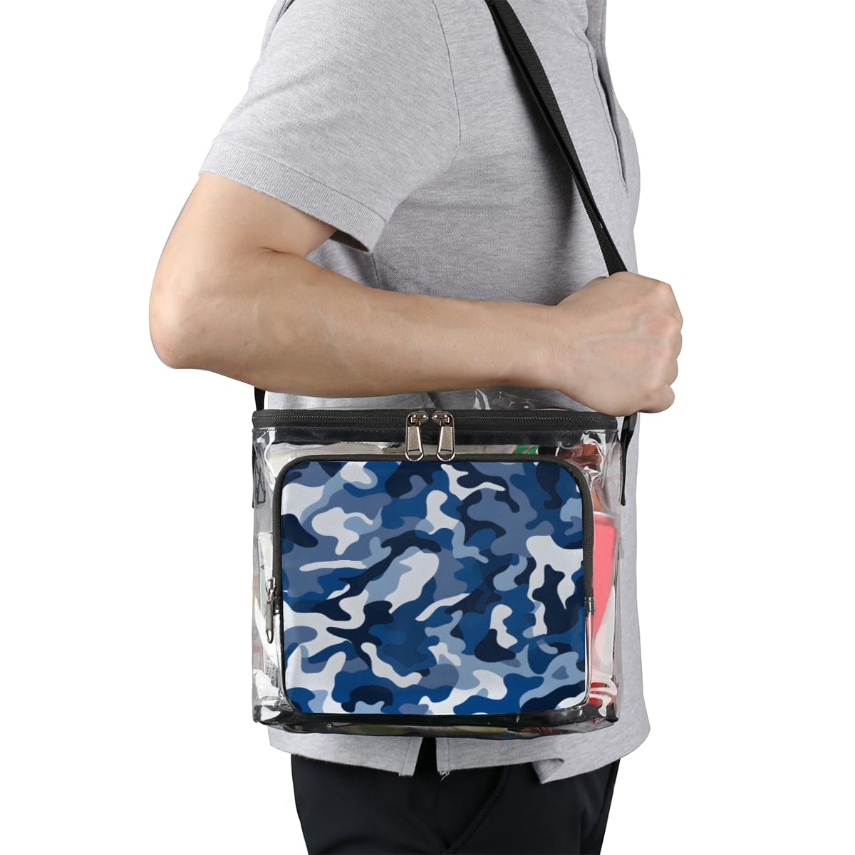 GzLeyigou Camouflage Pattern Clear Tote Bag - Blue & White Camo Textured Transparent Shoulder Bag with Handles for Lunch, Outdoor, Travel, Picnic, Concerts & Sports Events | Stadium Approved Crossbody Purse | Perfect for Beach Days, Music Festivals and Grocery Shopping