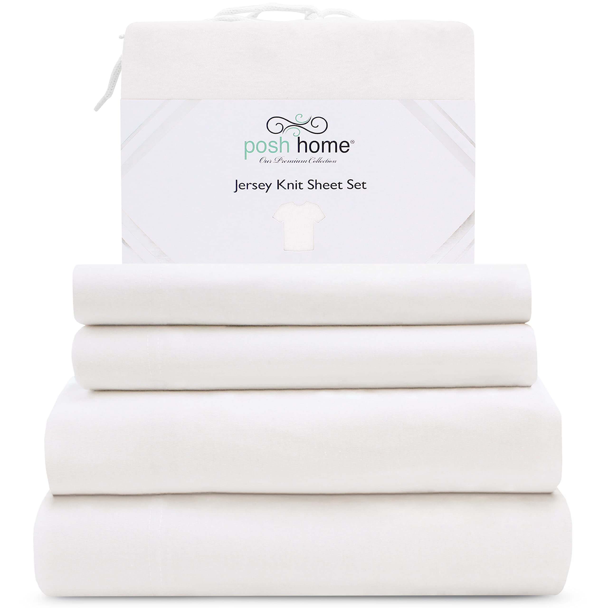 Posh Home Jersey Knit Sheet Set - 3-Piece Soft & Breathable Cotton Jersey Bed Sheets for Twin Size - Includes Flat Sheet, Fitted Sheet & Pillowcase - Perfect for Cozy Nights, Guest Rooms & Dorm Essentials - White