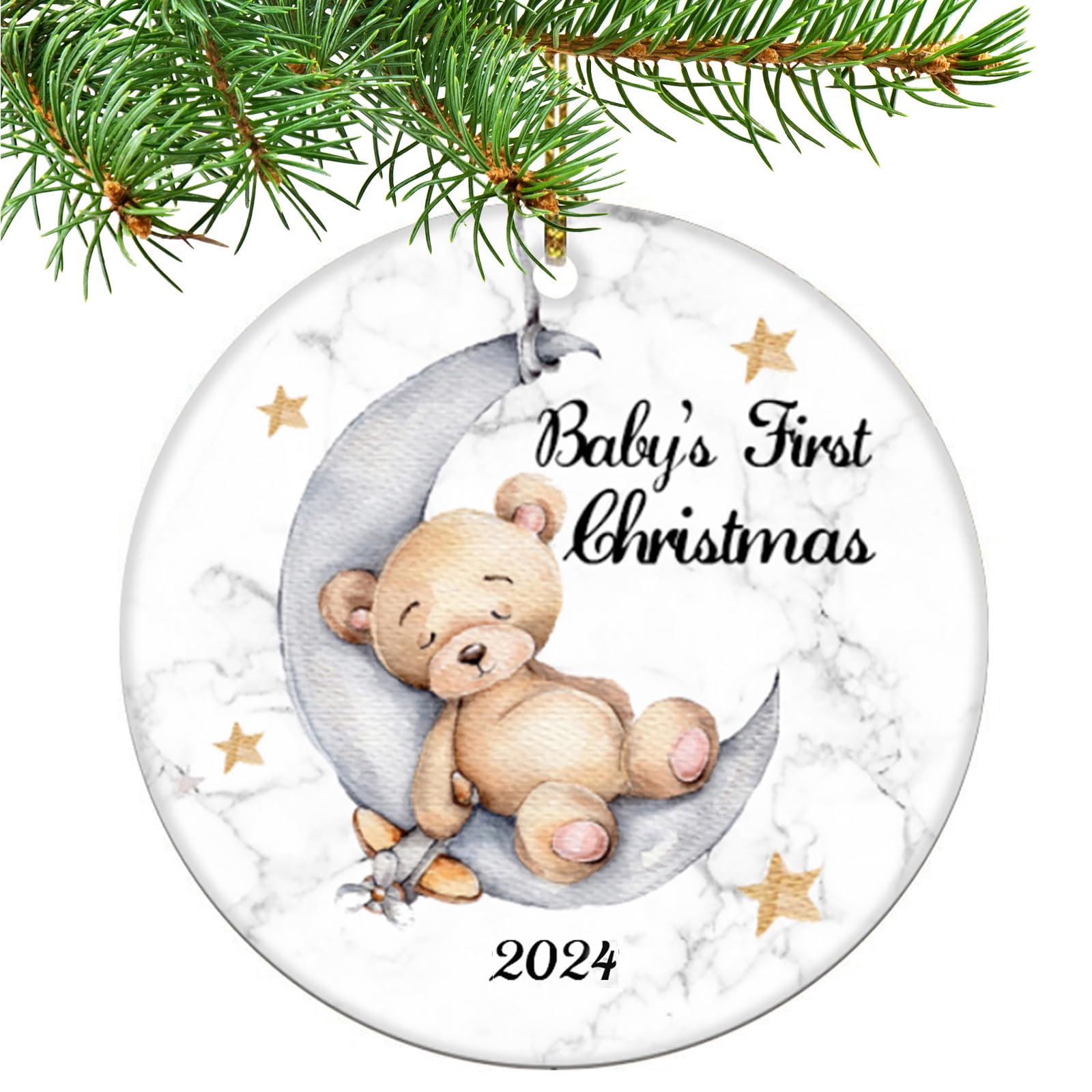 2025 Baby's First Christmas Ornament - Cute Boy Bear on The Moon for Newborn & Newlywed Decor (Yellow & White) - Perfect for Christmas Tree, Nursery, Wedding & Holiday Celebrations