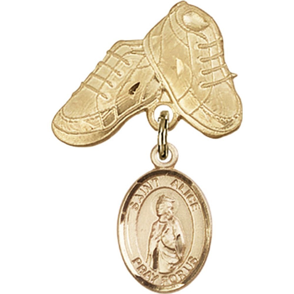 Gold Filled Baby Badge with St. Alice Charm & Baby Boots Pin - 1 X 5/8 Inch - Perfect for Christening Gifts, Baby Showers & Keepsake Jewelry