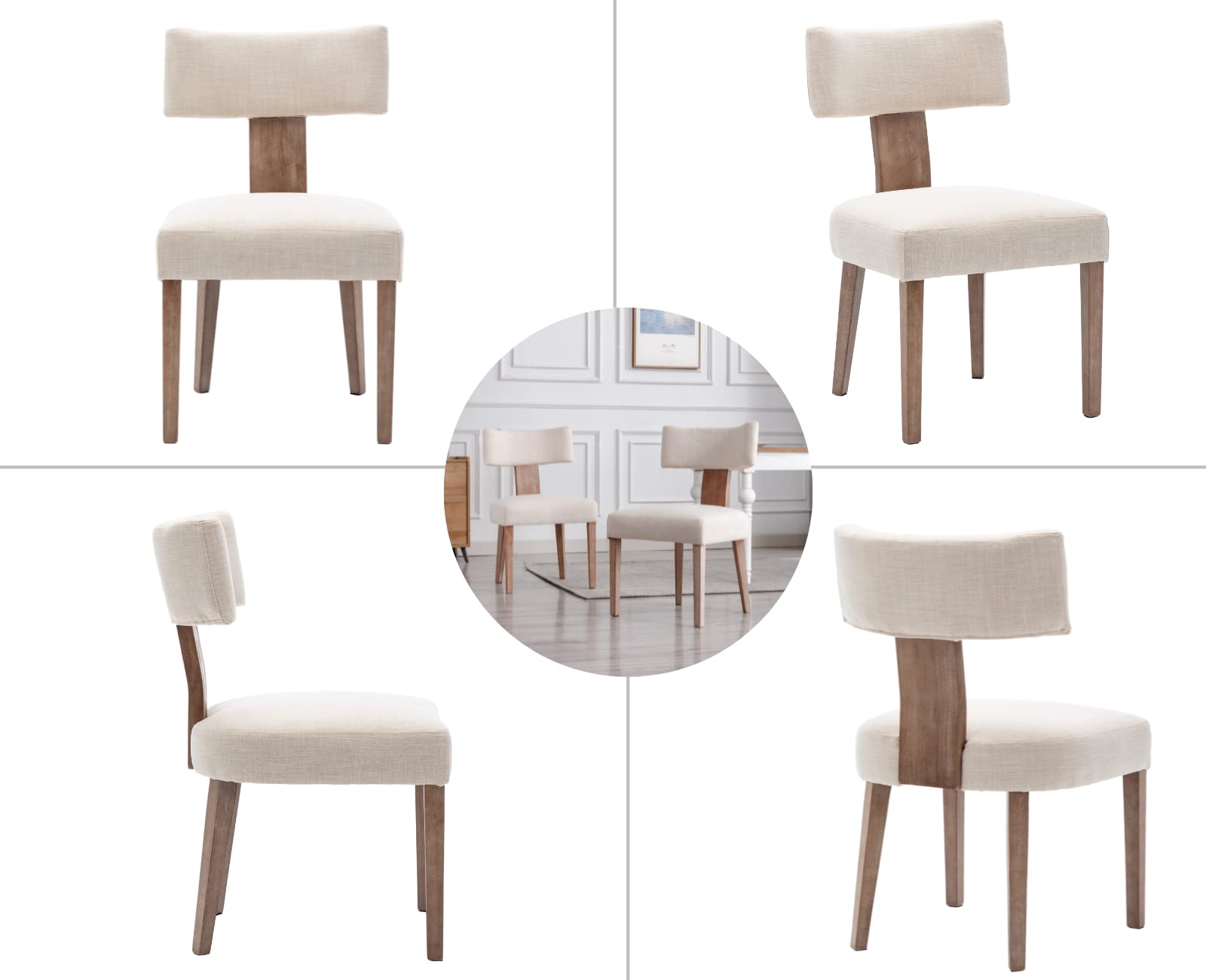 EALSON Mid Century Modern Dining Chairs Set of 2 - Linen Upholstered Kitchen Chairs with Wood Legs & Curved Back - Farmhouse Style Accent Chairs for Dining Room, Living Room, Kitchen - Beige - Perfect for Home Decor, Family Gatherings & Dinner Parties
