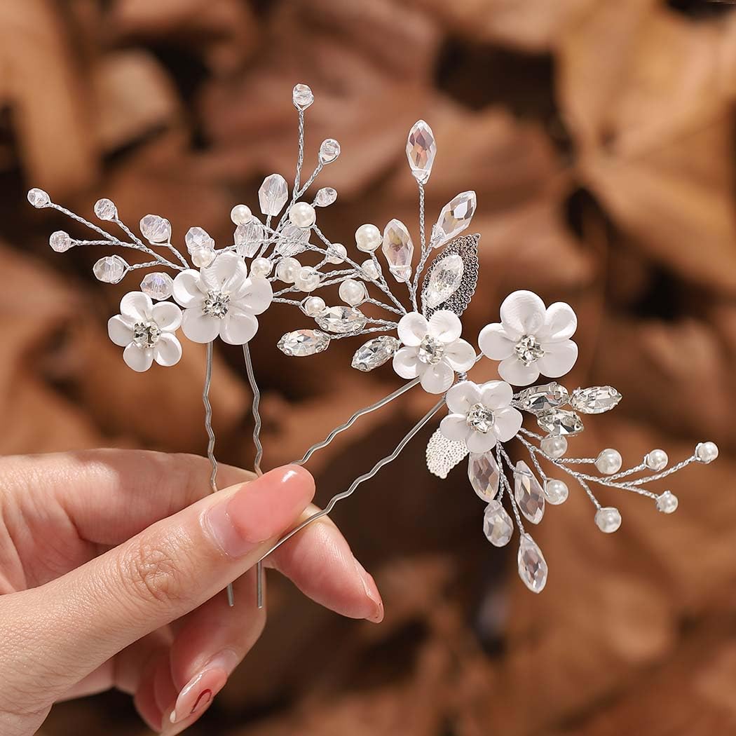 Elegant Silver Rhinestone Pearl Hair Clips | Gorais Flower Bride Wedding Hair Pins for Women & Girls (Pack of 2) – Perfect for Bridal, Prom, and Special Occasions