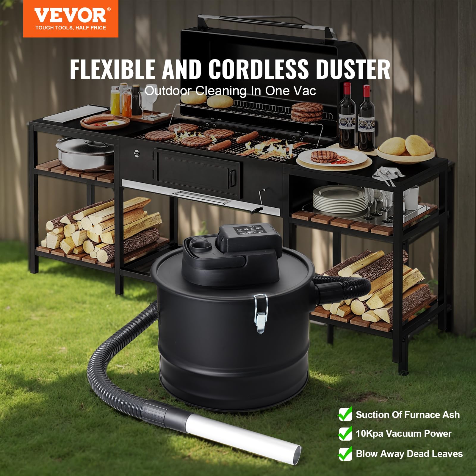 VEVOR 15L Cordless Ash Vacuum Cleaner - Powerful 10Kpa Suction, Portable & Lightweight with Reverse Function & 5.9ft Cable - Ideal for Fireplaces, Pellet Stoves, Wood Stoves (Black) | Perfect for Home Heating Maintenance & Fireplace Ash Cleanup