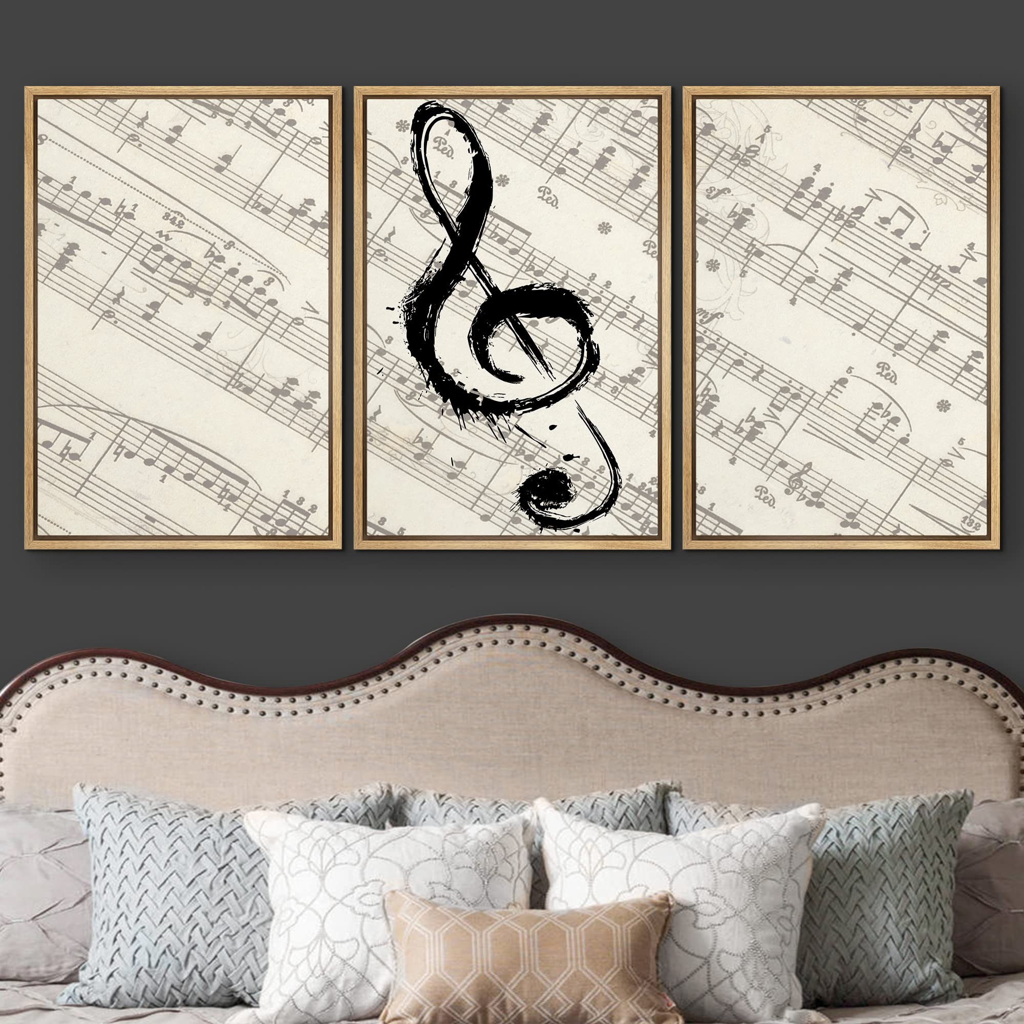 Wall26 Framed Canvas Art - Music Note on Score Paper Wall Decor, 16x24 Inches, 3-Panel Set, Natural Wood Frame - Perfect for Living Room, Bedroom & Office Decor