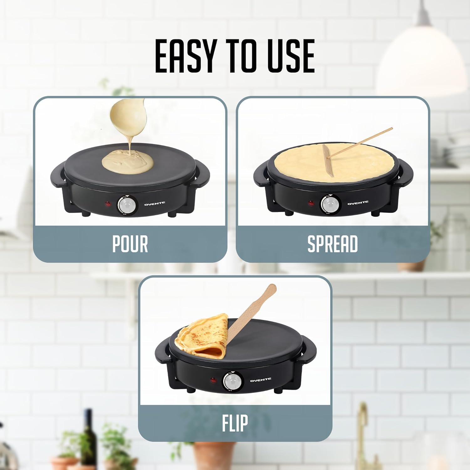 OVENTE 12-Inch Nonstick Electric Crepe Maker & Pancake Griddle with Adjustable Temperature Control, LED Indicator - Perfect for Breakfast, Brunch & Dessert Making at Home - Includes Wooden Spatula & Batter Spreader (Black, Model CRM1122B)