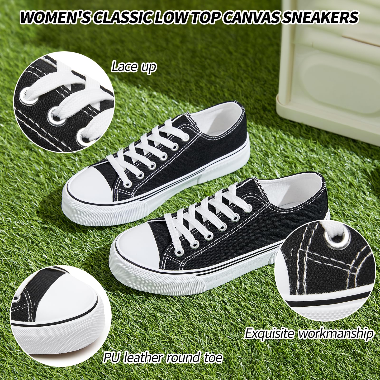 Adokoo Women's Low Top Canvas Tennis Shoes - White & Black Casual Sneakers for Walking, Fashion & Comfort | Perfect for Daily Wear, Gym, Travel & Outdoor Activities