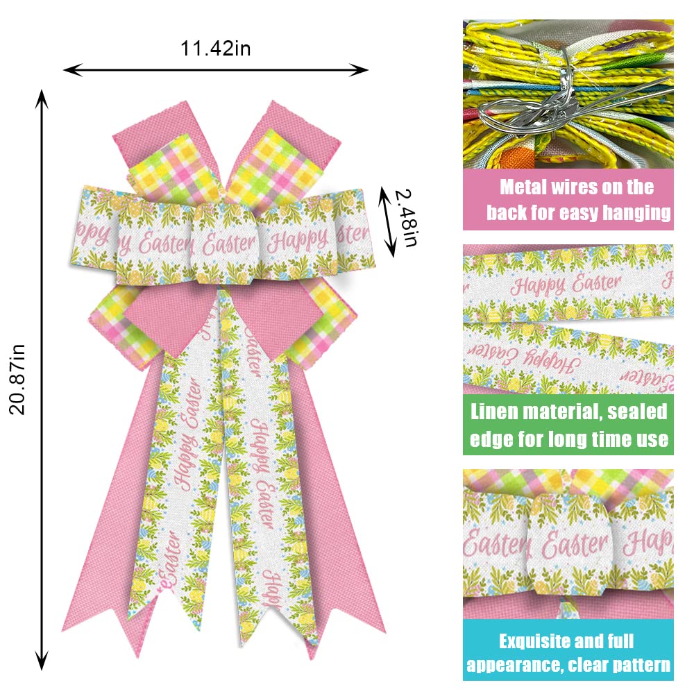 Large Easter Bows for Wreaths - White, Pink Burlap & Yellow Buffalo Plaid Bows - Spring Holiday Decor for Front Door, Easter Tree Topper, Party & Wreath Decoration