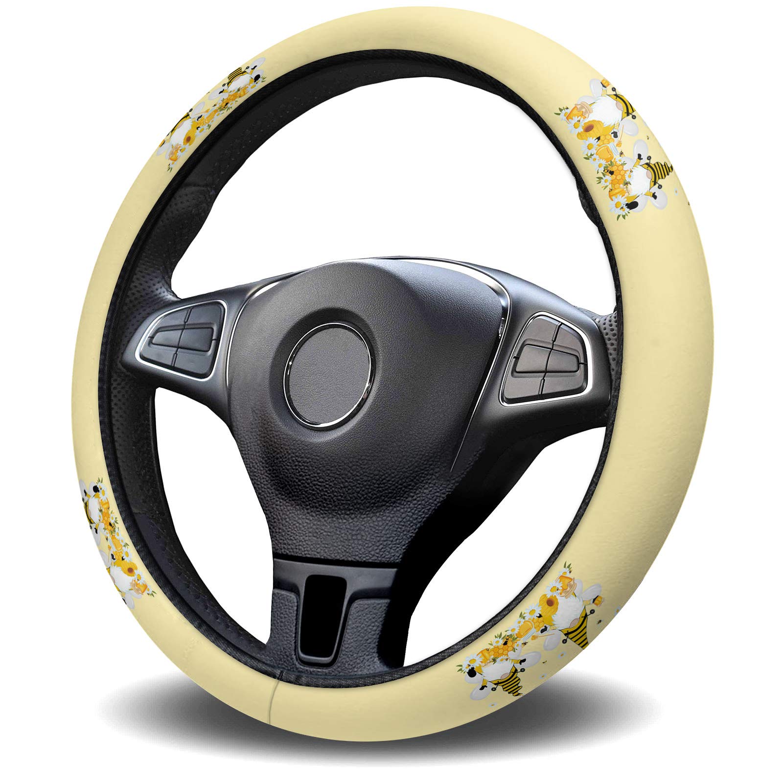 Universal 15-inch Bee Gnomes Spring Steering Wheel Cover for Women & Men - Quick Release Honey Daisy Design, Car & Truck Accessories Protector - Perfect for Daily Commute, Road Trips & Gift Giving