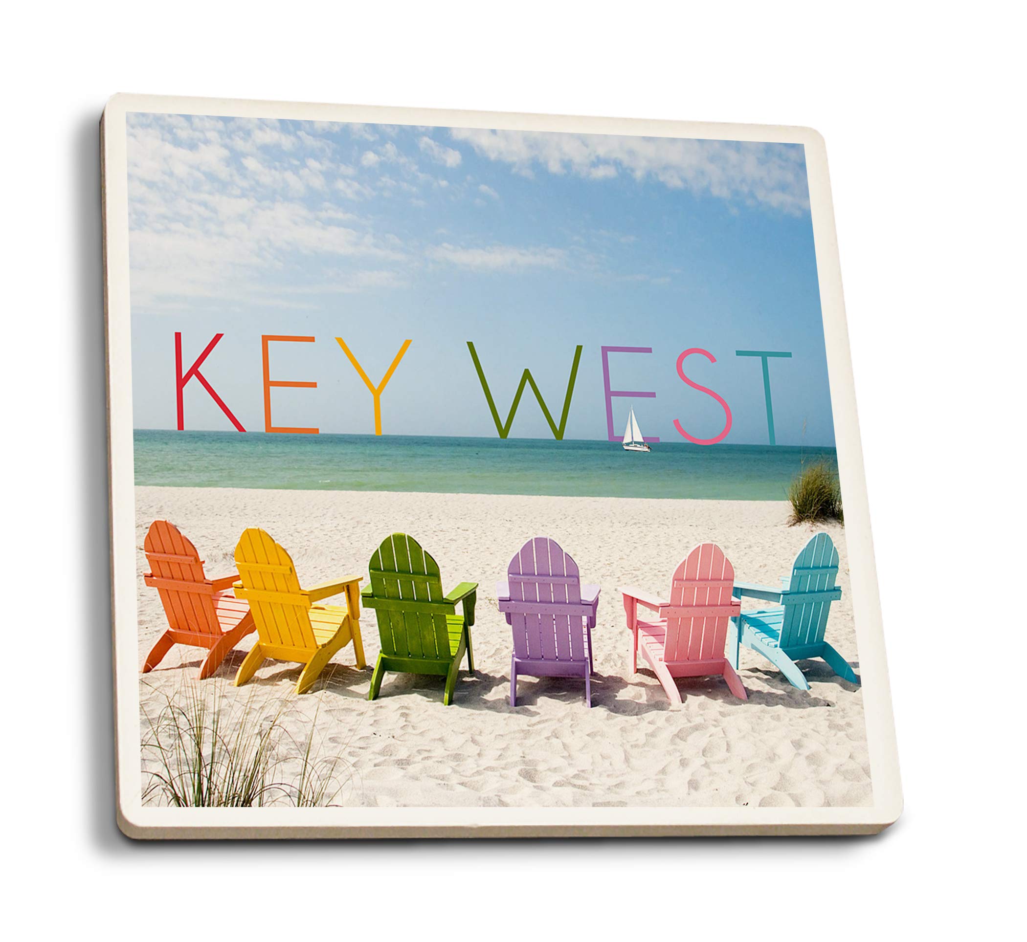 Florida Key West Colorful Beach Chairs Ceramic Coasters Set of 4 - Absorbent Cork Backed Drink Coasters for Kitchen, Dining Table, and Outdoor Decor - Perfect for Summer Parties, Beach House, and Coastal Home Decor