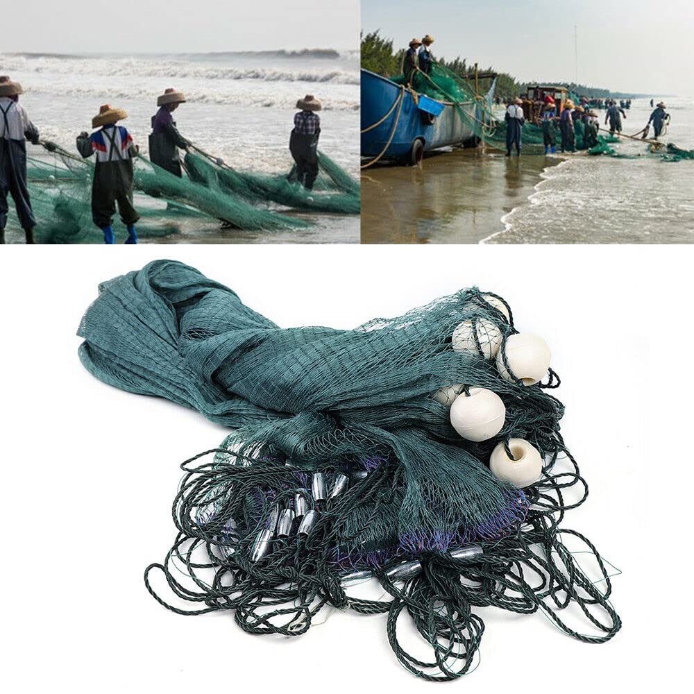 Large Fishing Gill Net - Handmade Nylon Beach Seine Drag Net with PVC Foam Floats & Lead Sinkers | Durable Bait Fish Mesh for Saltwater & Freshwater Fishing | Perfect for Beach, Shore & Boat Fishing