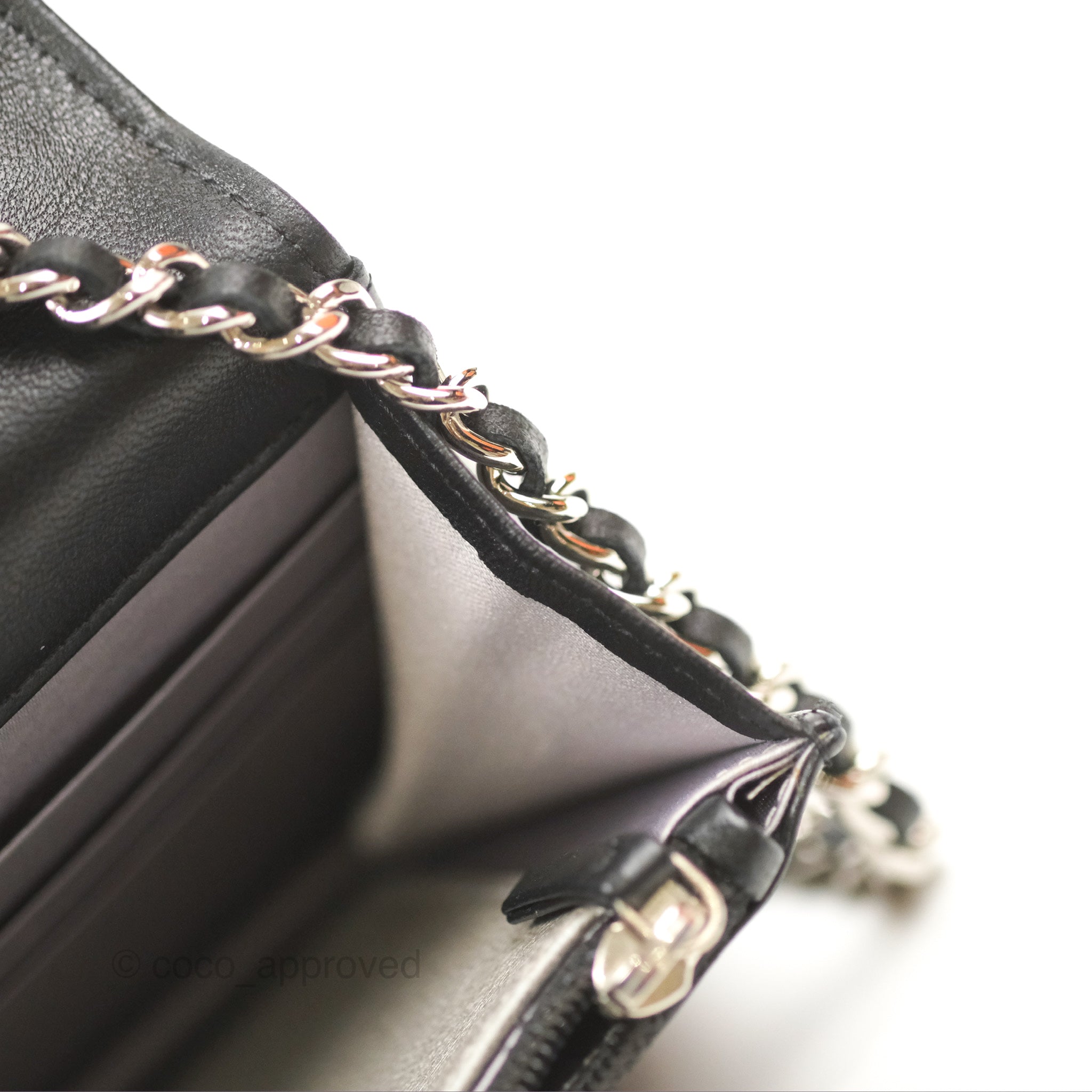 Chanel Camellia Embossed Wallet on Chain WOC Black Lambskin Leather with Silver Hardware - Perfect for Evening Events & Luxury Fashion Accessories