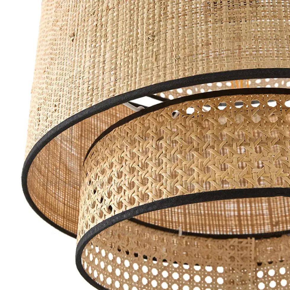 Rattan Double Layer Cylindrical Pendant Light - Natural Woven Hanging Lamp for Dining Room, Kitchen Island & Bedroom Lighting