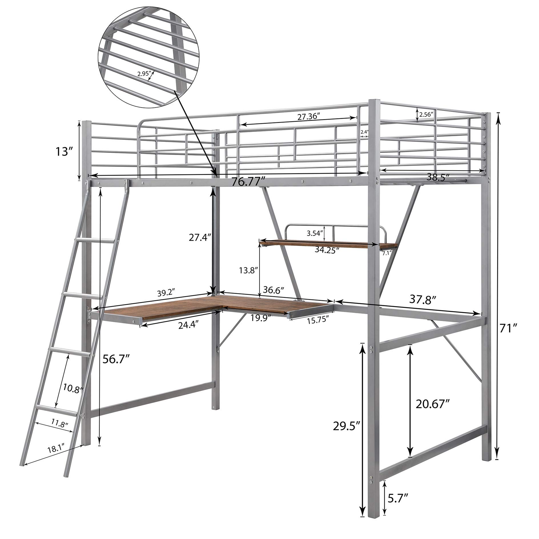 Harper & Bright Designs Twin Metal Loft Bed with Study Desk & Storage Shelves - Sturdy Space-Saving Bunk Bed Frame with Safety Guardrails & Ladder for Kids, Teens & Adults (Silver) - Perfect for Small Bedrooms, Dorms & Studio Apartments