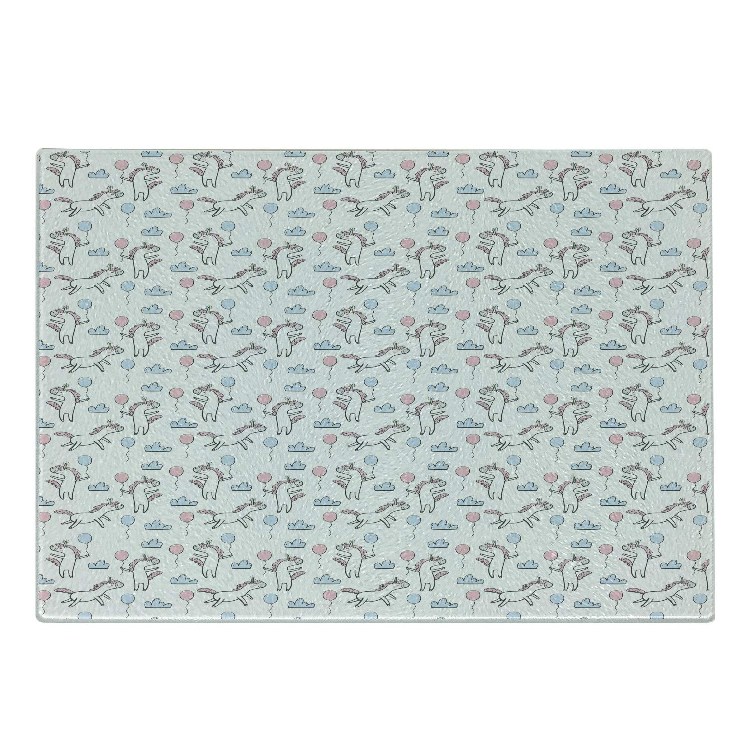 Ambesonne Cartoon Themed Cutting Board - Unicorn, Balloons & Clouds Pattern - Decorative Tempered Glass Serving Board - Small Size (Pale Pink & Blue) - Perfect for Birthday Parties, Baby Showers & Kitchen Decor