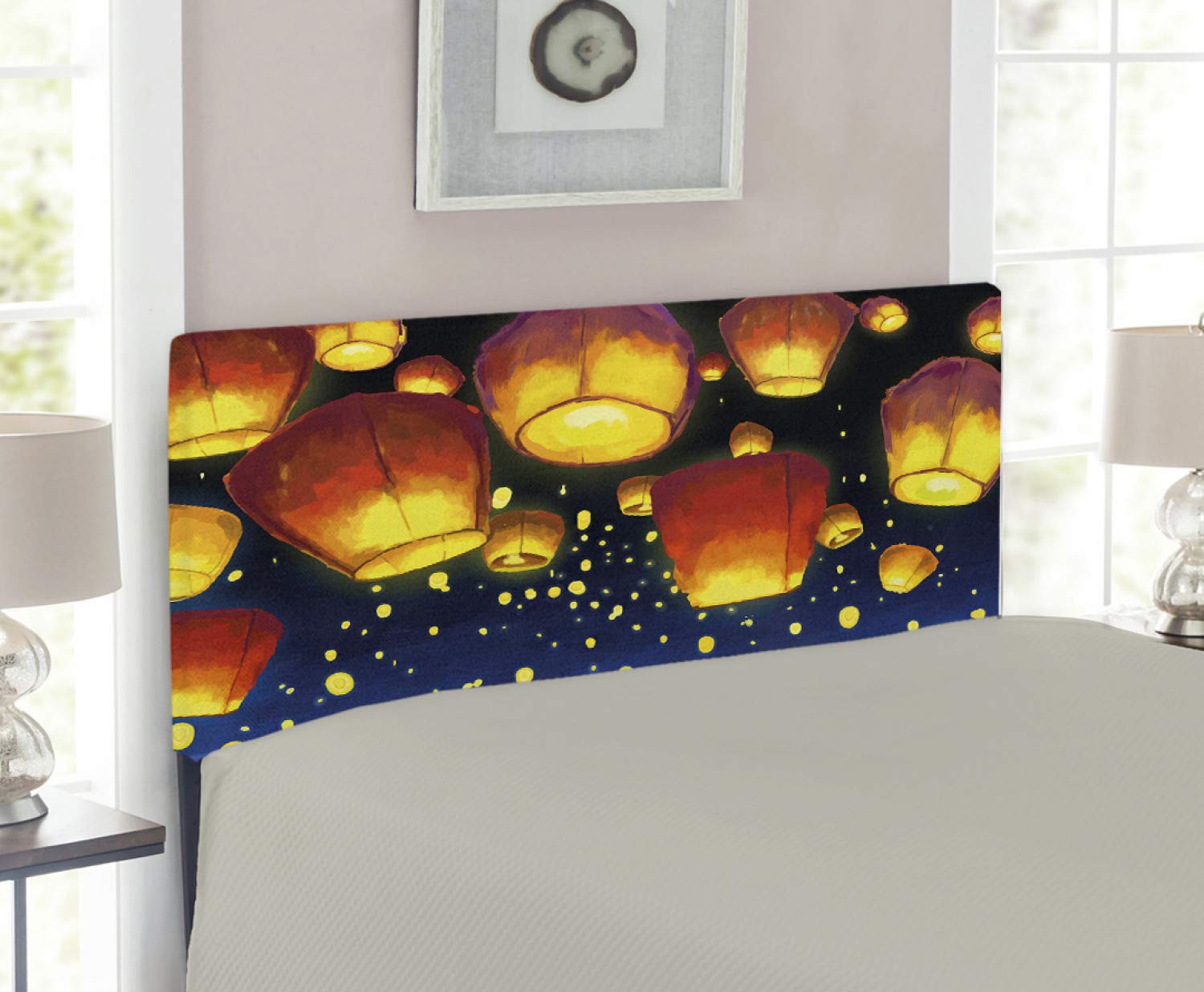 Ambesonne Watercolor Headboard - Floating Fanoos Sky Design Chinese Culture Print, Upholstered Decorative Metal Bed Frame with Memory Foam, Twin Size, Dark Blue & Orange - Perfect for Bedroom Decor, Guest Room, Dormitory & Modern Home Styling