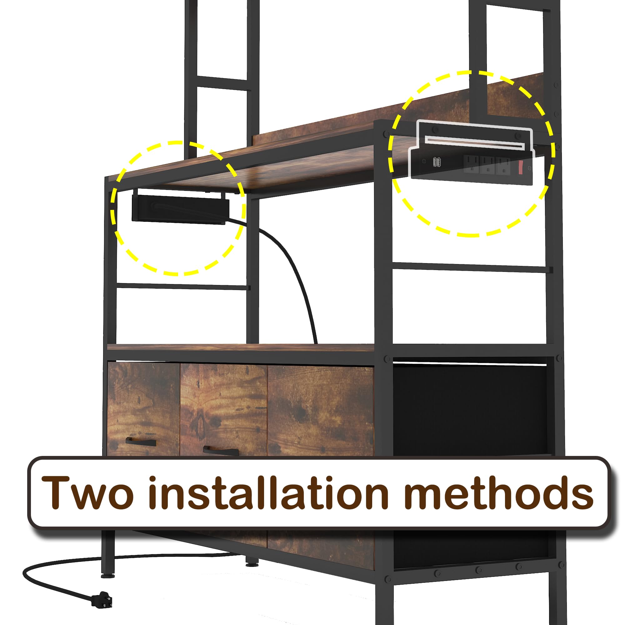 5-Tier Metal Kitchen Storage Shelf Organizer with Power Outlet - Free Standing Bakers Rack with Hooks & Baskets, Industrial Microwave Oven Stand - Perfect for Small Kitchens, Pantry Organization & Home Decor