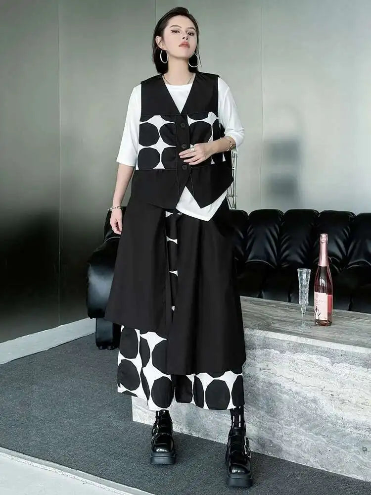 Plus Size Black Polka Dot Vest & Wide Leg Pants 2-Piece Set - Women's Fashion V-Neck Sleeveless Outfit for Spring/Fall 2025 | Office Wear, Casual Chic, Party Outfit