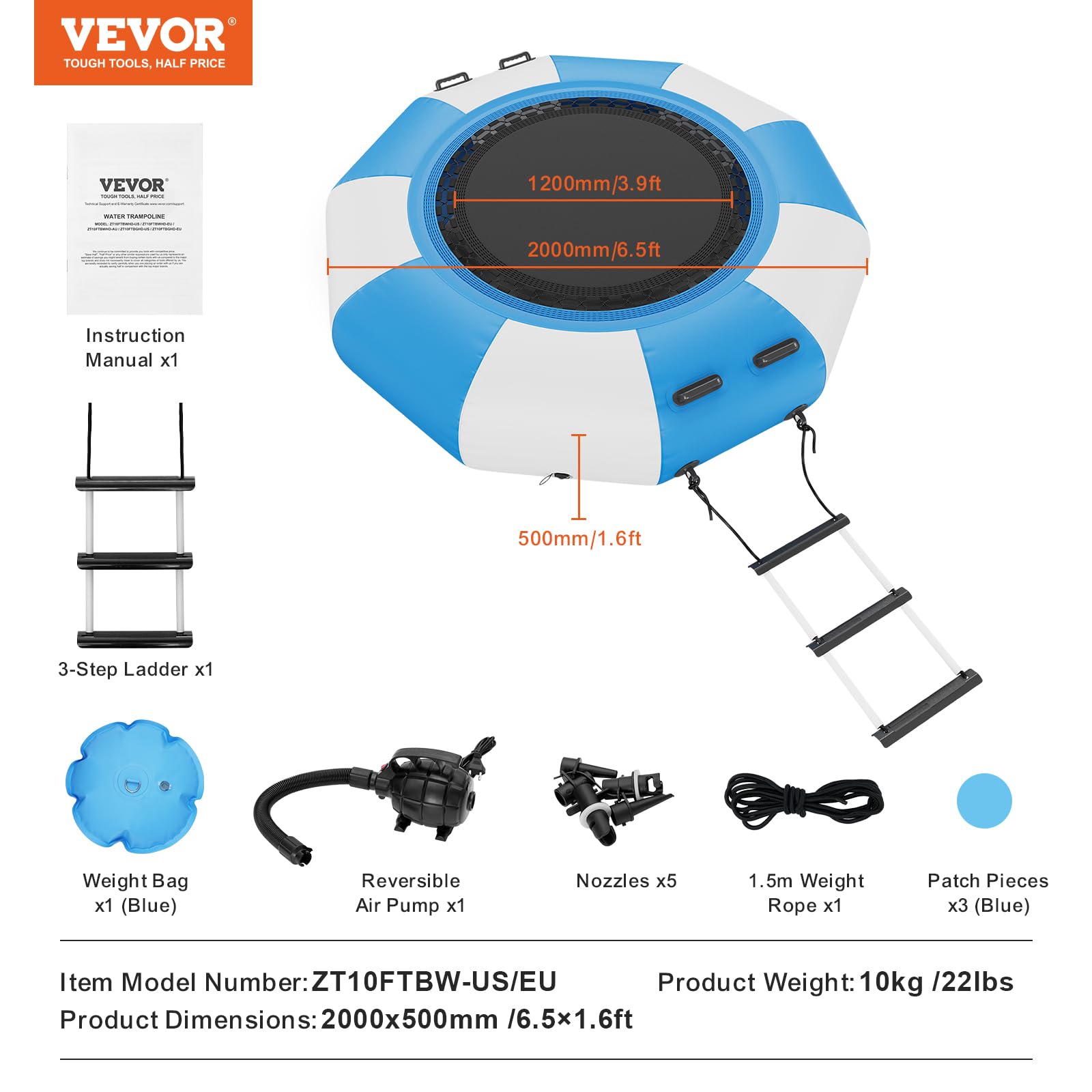 VEVOR 6.5ft Inflatable Water Trampoline with Electric Air Pump - Portable Bounce Swim Platform for Kids & Adults - Includes 3-Step Ladder - Perfect for Pool, Lake, Beach, and Water Sports Fun