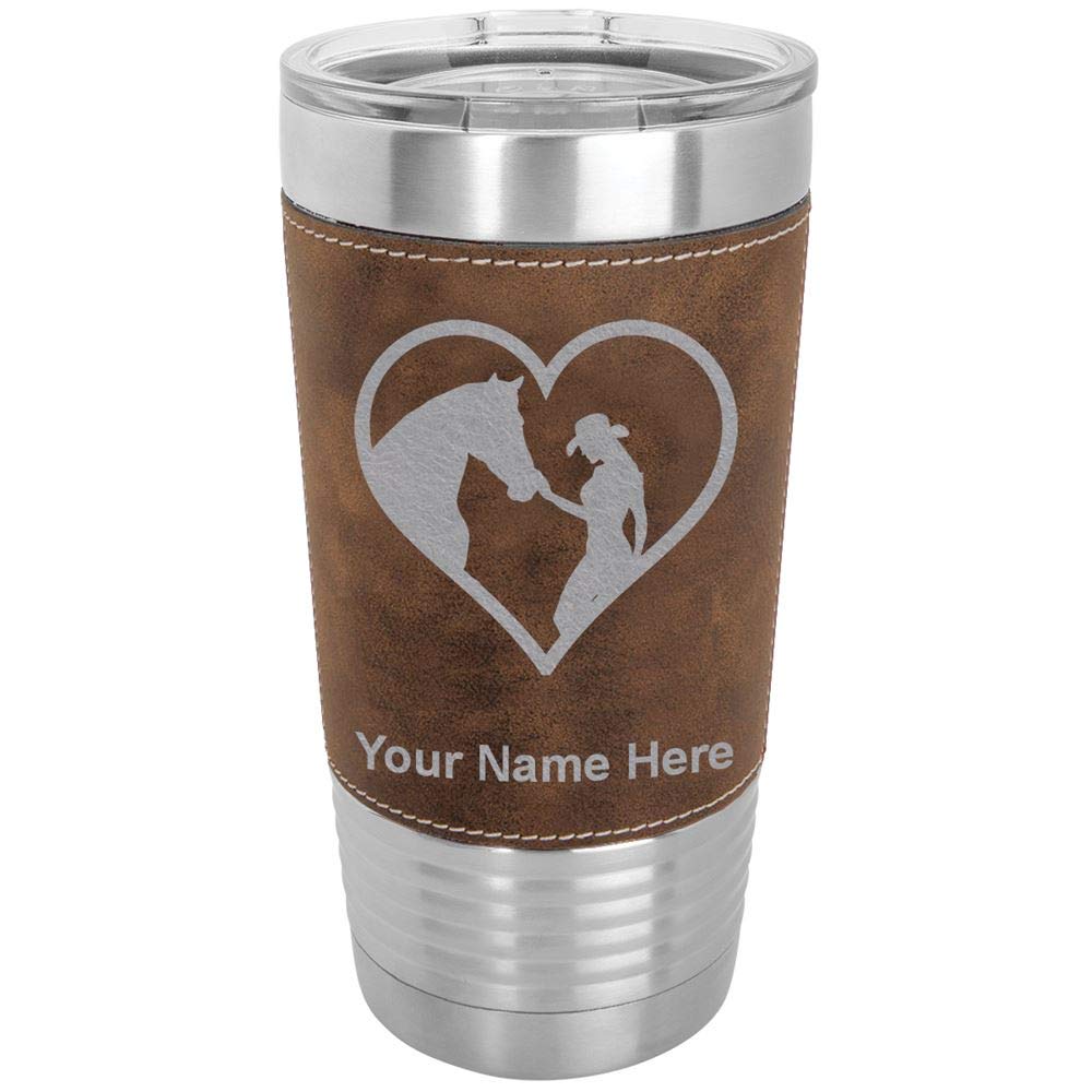 LaserGram 20oz Vacuum Insulated Stainless Steel Tumbler Mug - Custom Engraved Cowgirl Horse Heart Design with Faux Leather Wrap & Rustic Finish | Perfect for Coffee, Tea & Cold Drinks at Work, Gym or Outdoor Adventures