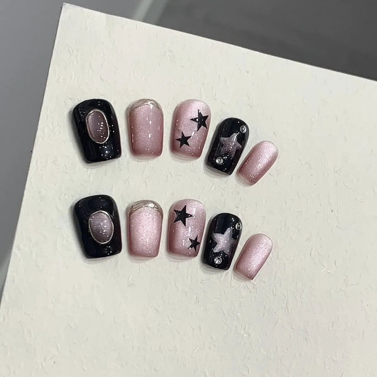 10Pcs Short Sweet Cute Press on Nails Set - Shimmery Cat Eye Gel Nails with Glue, Cherry Cake French Acrylic Nail Tips for Women & Girls - Perfect for Parties, Weddings, Daily Wear & Gift Giving