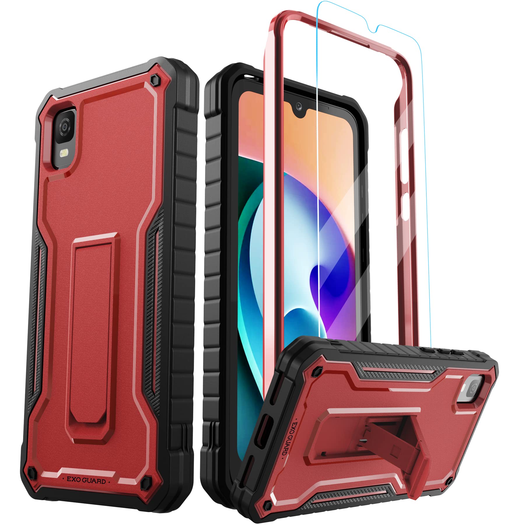Shockproof Full-Body Case for TCL 30Z & TCL 30 LE with Tempered Glass Screen Protector & Kickstand - Durable Rubber Phone Cover (Red) | Perfect for Outdoor Activities, Work & Daily Protection