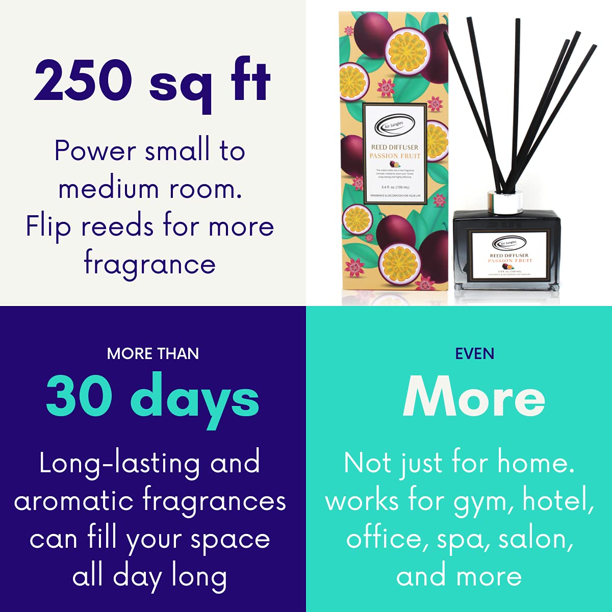 Air Jungles Passion Fruit Reed Diffuser Set with 10 Rattan Sticks - 3.4 fl oz Essential Oil Room Fragrance for Home, Office, Gym & Spa - Long-Lasting Aromatherapy for Relaxation & Stress Relief