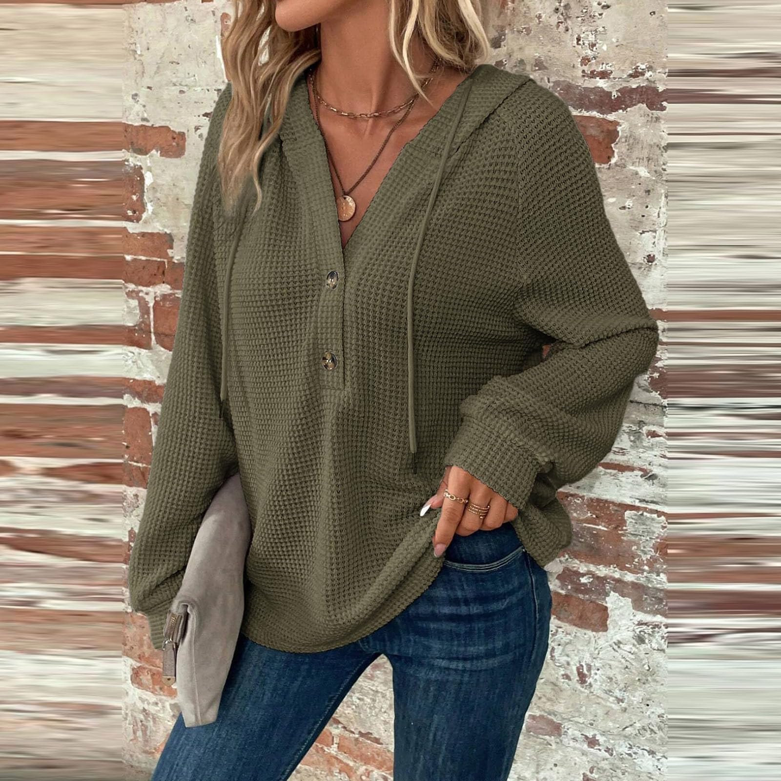 Women's Waffle Knit Hoodie - Long Sleeve V-Neck Henley Pullover Sweatshirt with Drawstring & Button Details | Casual Loungewear for Fall, Winter & Cozy Home Wear