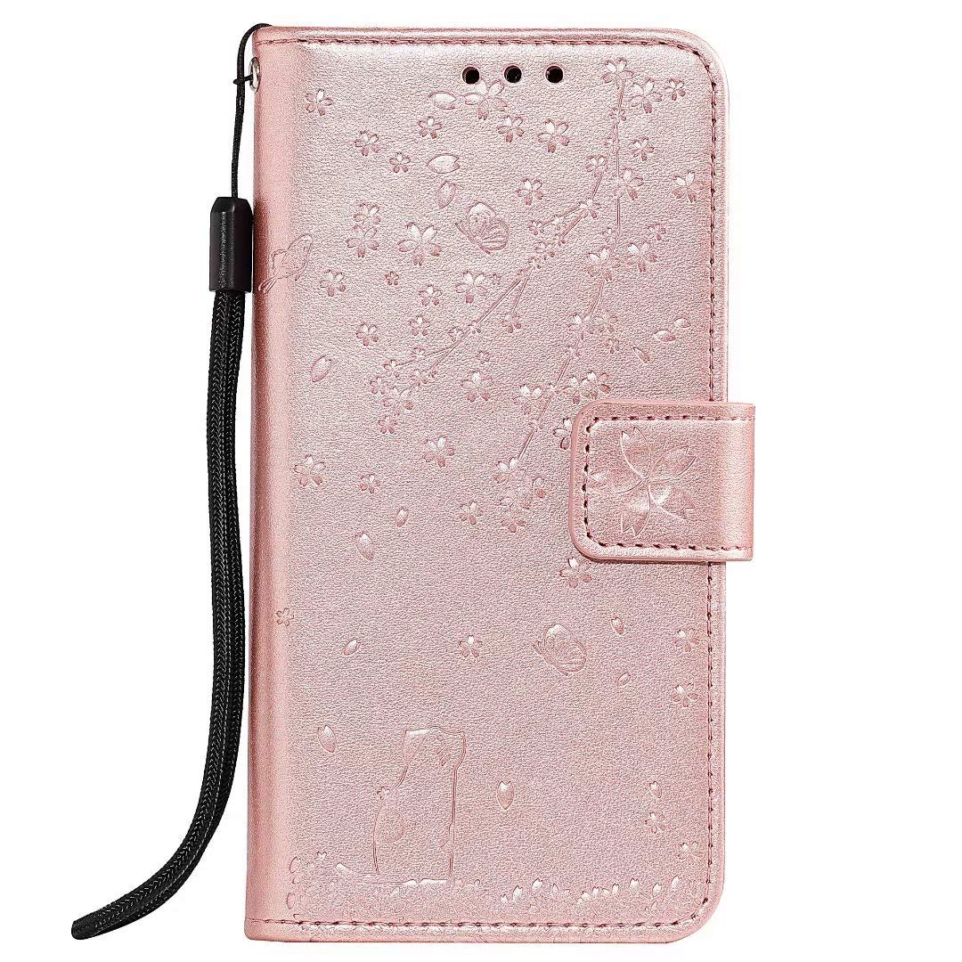 OnePlus 7 Pro Wallet Case - Premium PU Leather Flip Cover with Credit Card Slots & Flower Cat Embossed Design (Rose Gold) | Slim Protective Phone Case for OnePlus 7 Pro | Perfect for Business, Travel & Everyday Use