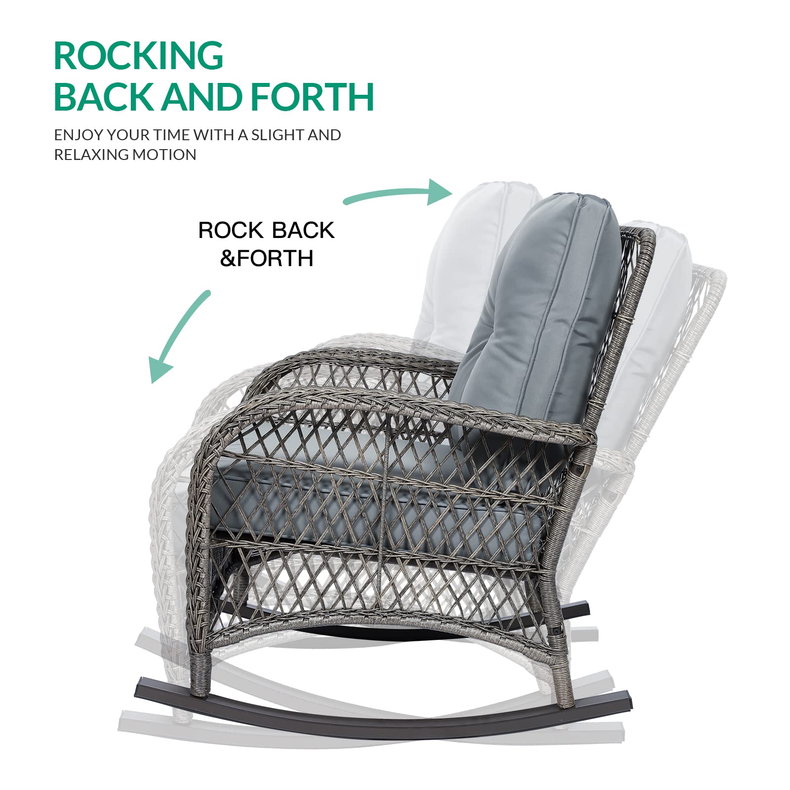 VIVIJASON All-Weather Outdoor Wicker Rocking Chair with Cushions - Patio Rattan Rocker with Durable Steel Frame - Grey Garden Backyard Porch Furniture for Relaxing & Lounging