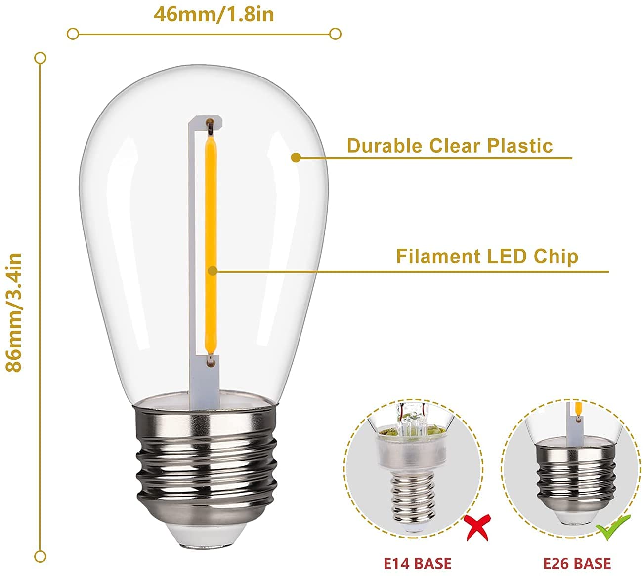BORT LED S14 Replacement Light Bulbs - 25 Pack Shatterproof Outdoor String Lights, 1W Equivalent to 11W Incandescent, E26 Medium Screw Base, 2200K Warm White Non-Dimmable - Perfect for Patio, Garden, Backyard & Holiday Decorations
