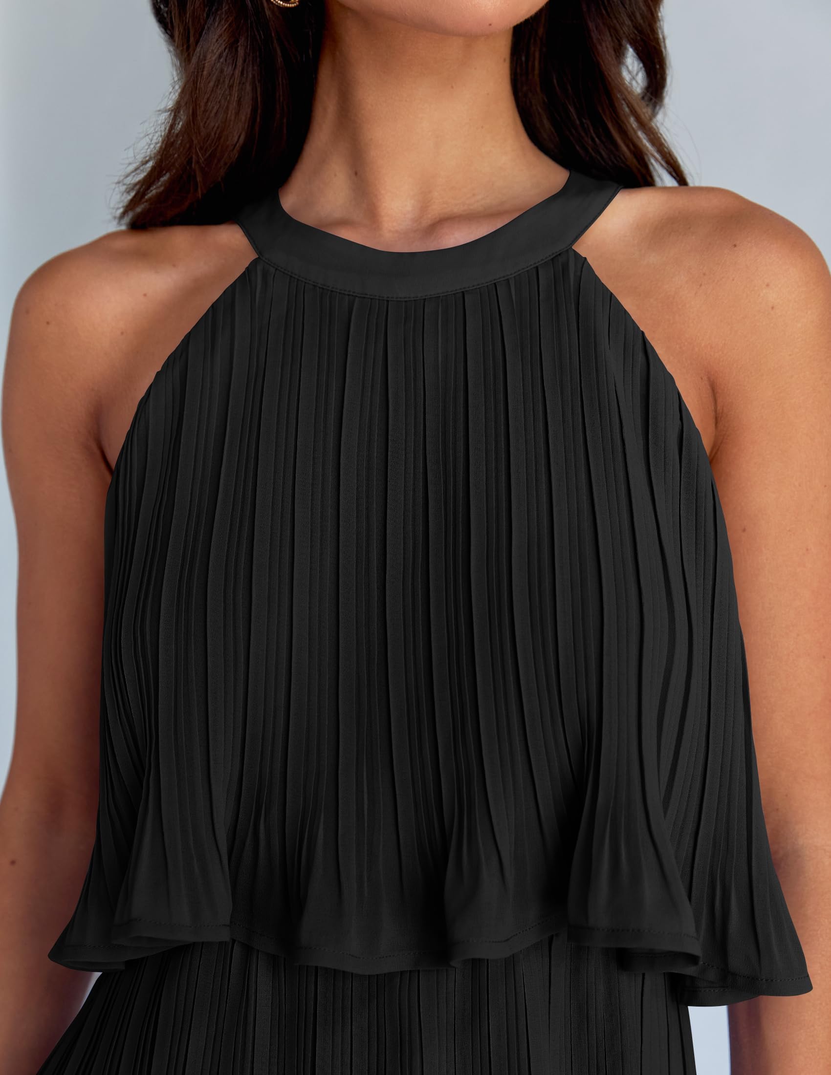 ZESICA Women's Summer Halter Dress 2025 - Sleeveless Ruffle Tiered Chiffon Pleated A-Line Mini Swing Dress for Beach, Party & Vacation | Casual & Formal Occasions