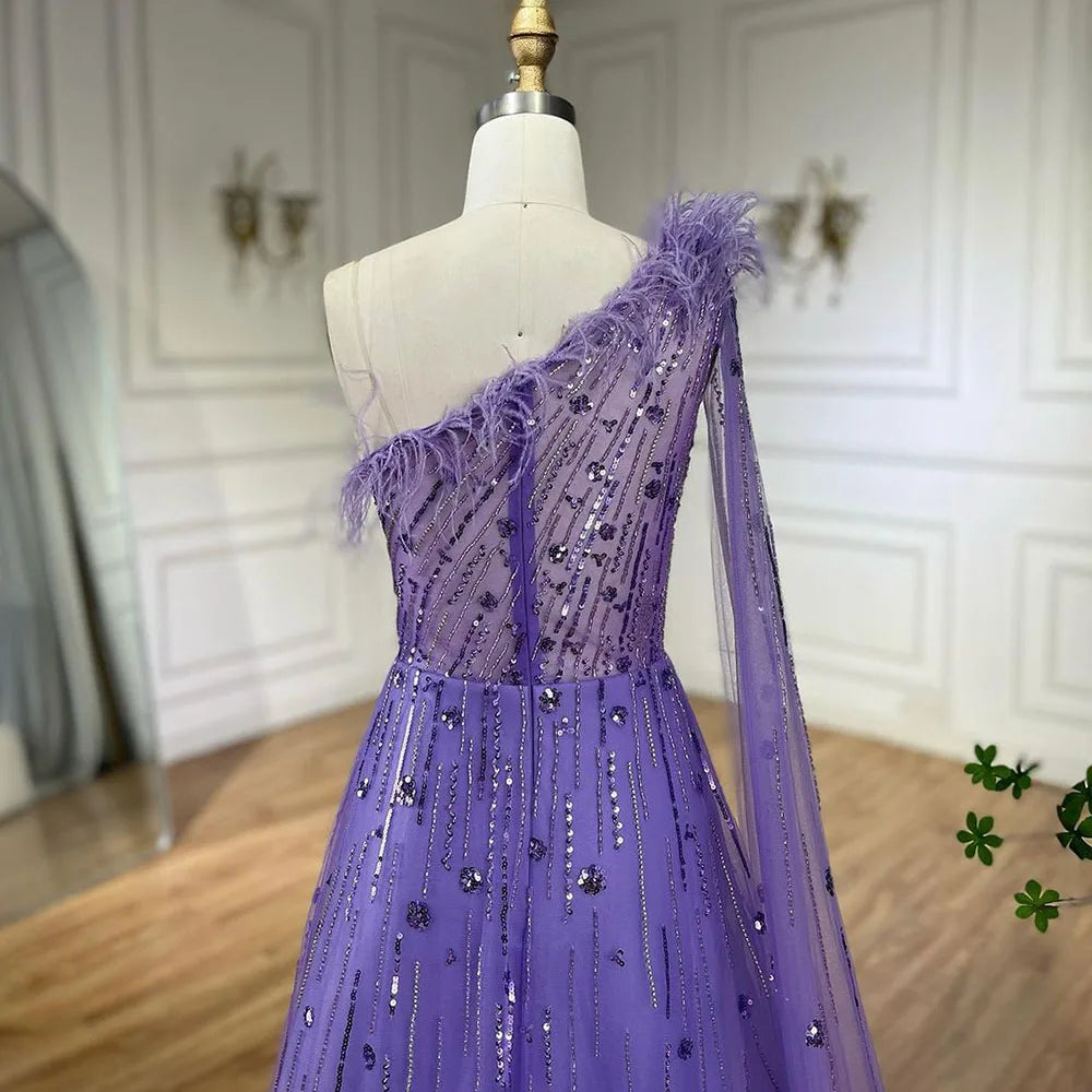 Serene Hill Lilac A-Line One Shoulder Cape Sleeve Beaded Feather Evening Gown for Women - Elegant Wedding Party Dress for Prom, Gala & Formal Events LA72503A