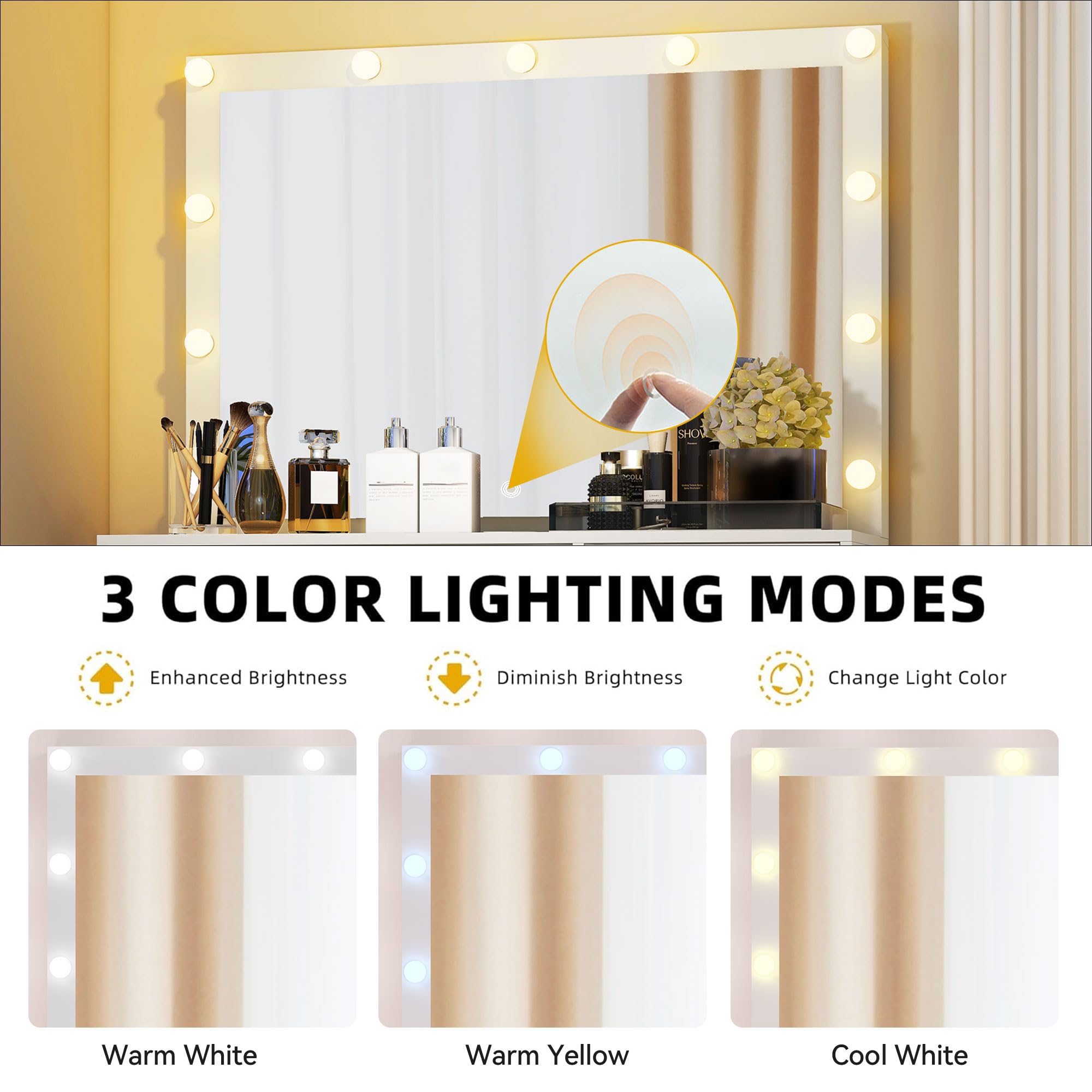 DWVO Makeup Vanity with LED Lighted Mirror, Vanity Desk with Power Strip & Adjustable Brightness, 4 Storage Drawers & Cushioned Stool - Perfect for Home Beauty Salon, Dressing Room & Bedroom Decor