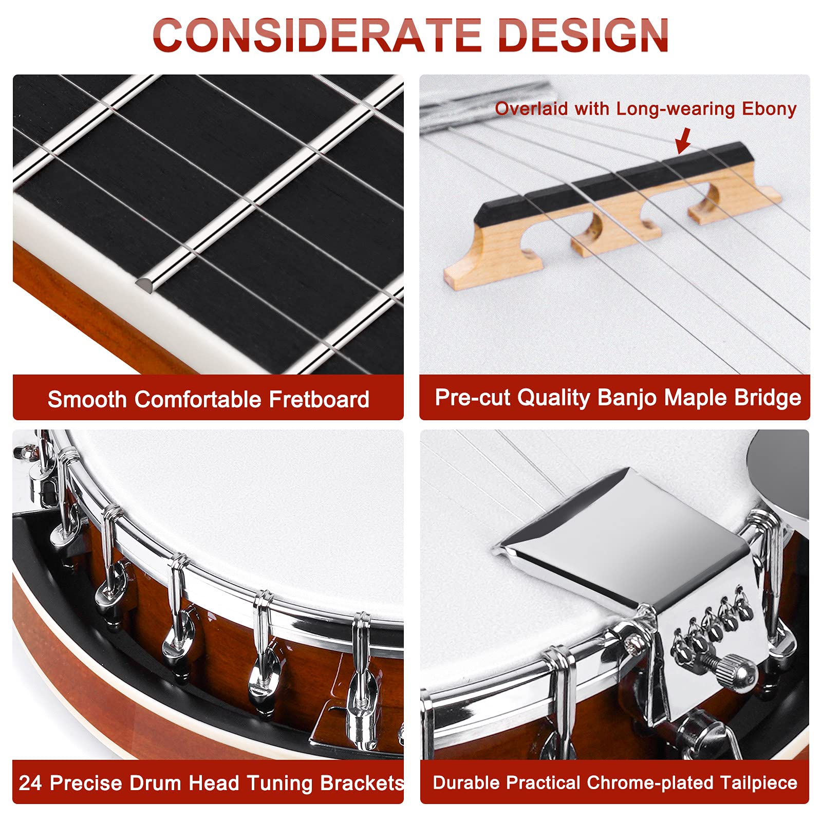 Vangoa Left-Handed 5-String Mahogany Open Back Banjo with Resonator & Remo Drum Head - Full Size Beginner Kit with Manual & Geared 5th String | Perfect for Bluegrass, Folk Music & Beginner Practice at Home