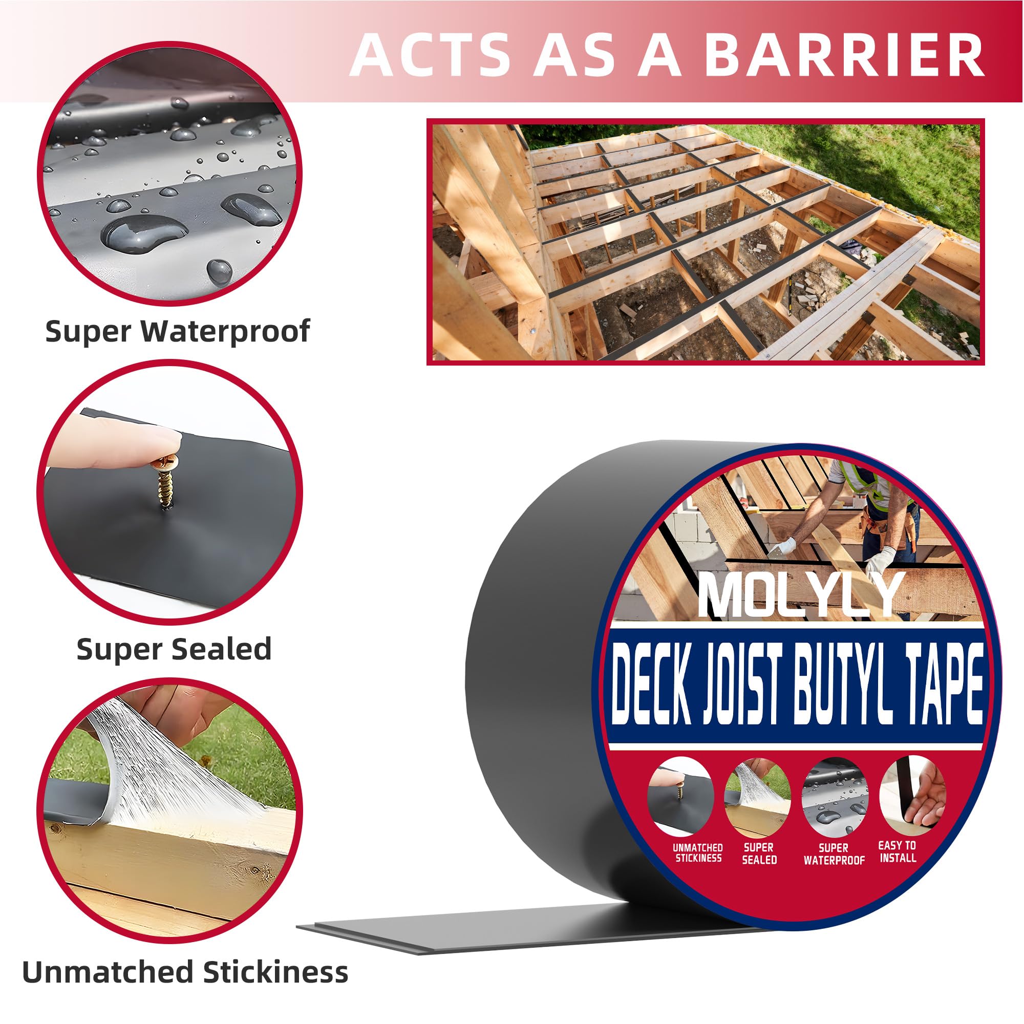 4 Pack Joist Tape for Decking - 4'' x 50' Waterproof Butyl Sealant Tape | Weatherproof Flashing Tape for Roof, Deck & Joist Protection | Ideal for Outdoor Construction, Wood Framing & Waterproofing Projects