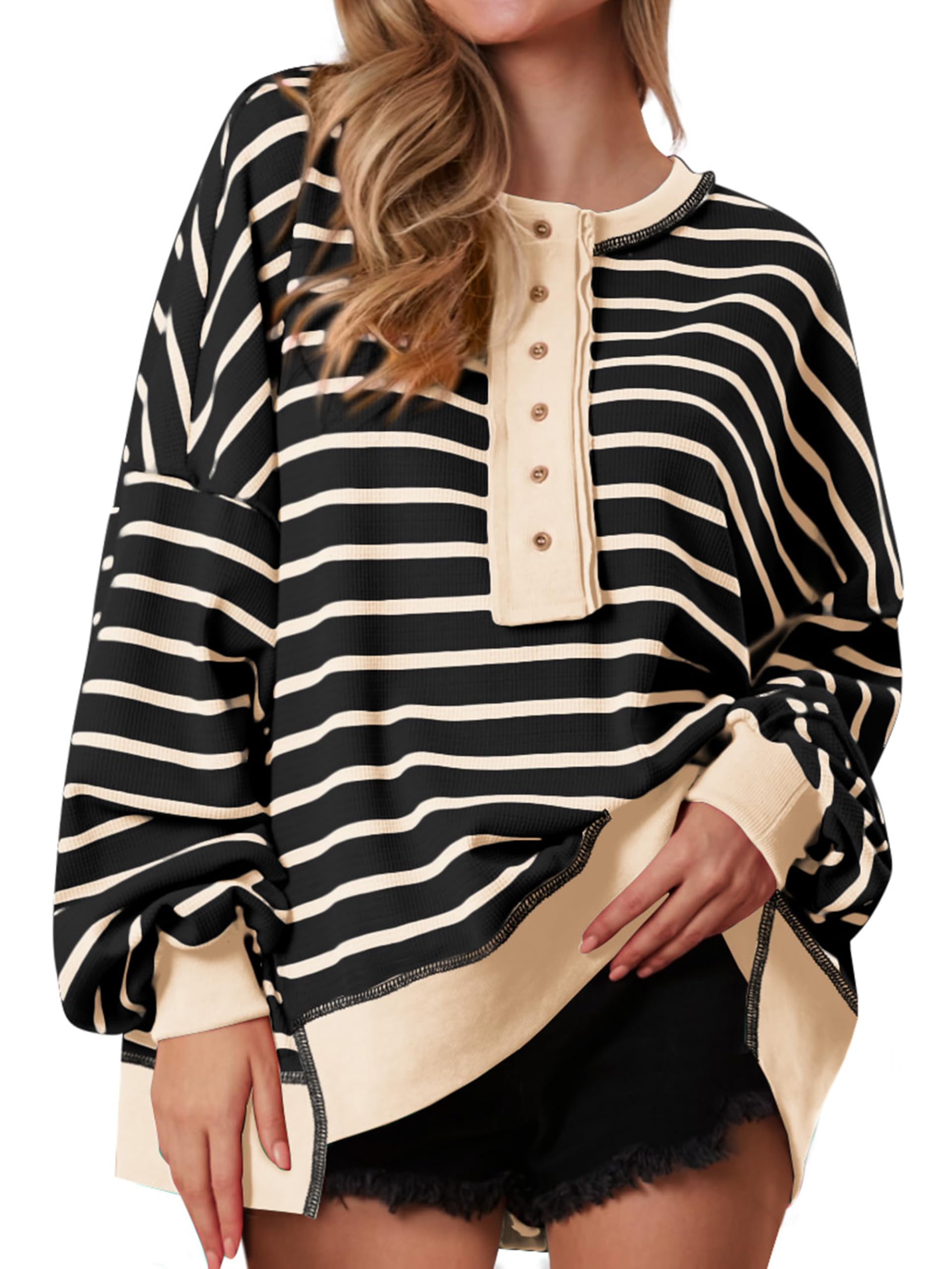 PRETTYGARDEN Women's Striped Oversized Sweatshirt - Long Sleeve Henley Neck Waffle Knit Pullover Tunic Top for Fall 2025 | Casual Outfit, Layering Piece & Cozy Loungewear