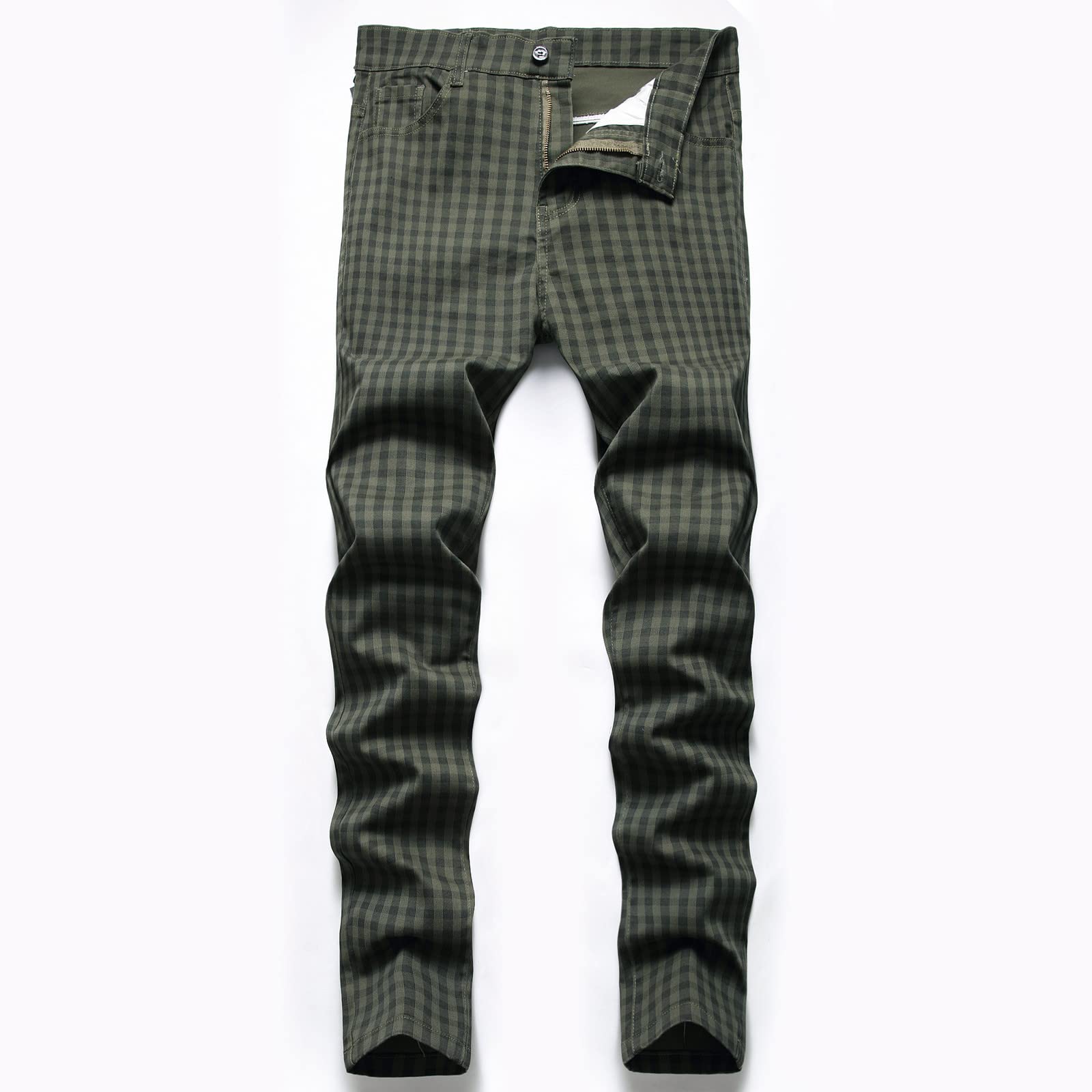 Men's Linen Pants - Casual Plaid Printed Straight Leg Slim Fit Trousers with Buckle & Zipper | Classic Work Pants for Office, Summer & Travel