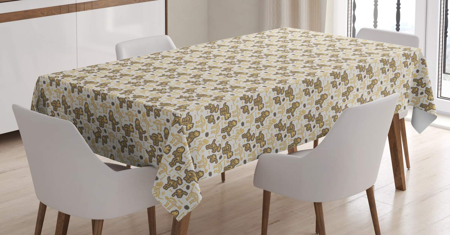 Ambesonne Halloween Tablecloth - Dinosaur Skeletons & Fossil Bones Scary Archaeology Design, 60x90 Inch Rectangular Table Cover for Dining Room, Kitchen, Party Decor in Beige, Brown & White | Perfect for Halloween Parties, Themed Dinners & Spooky Home Decor