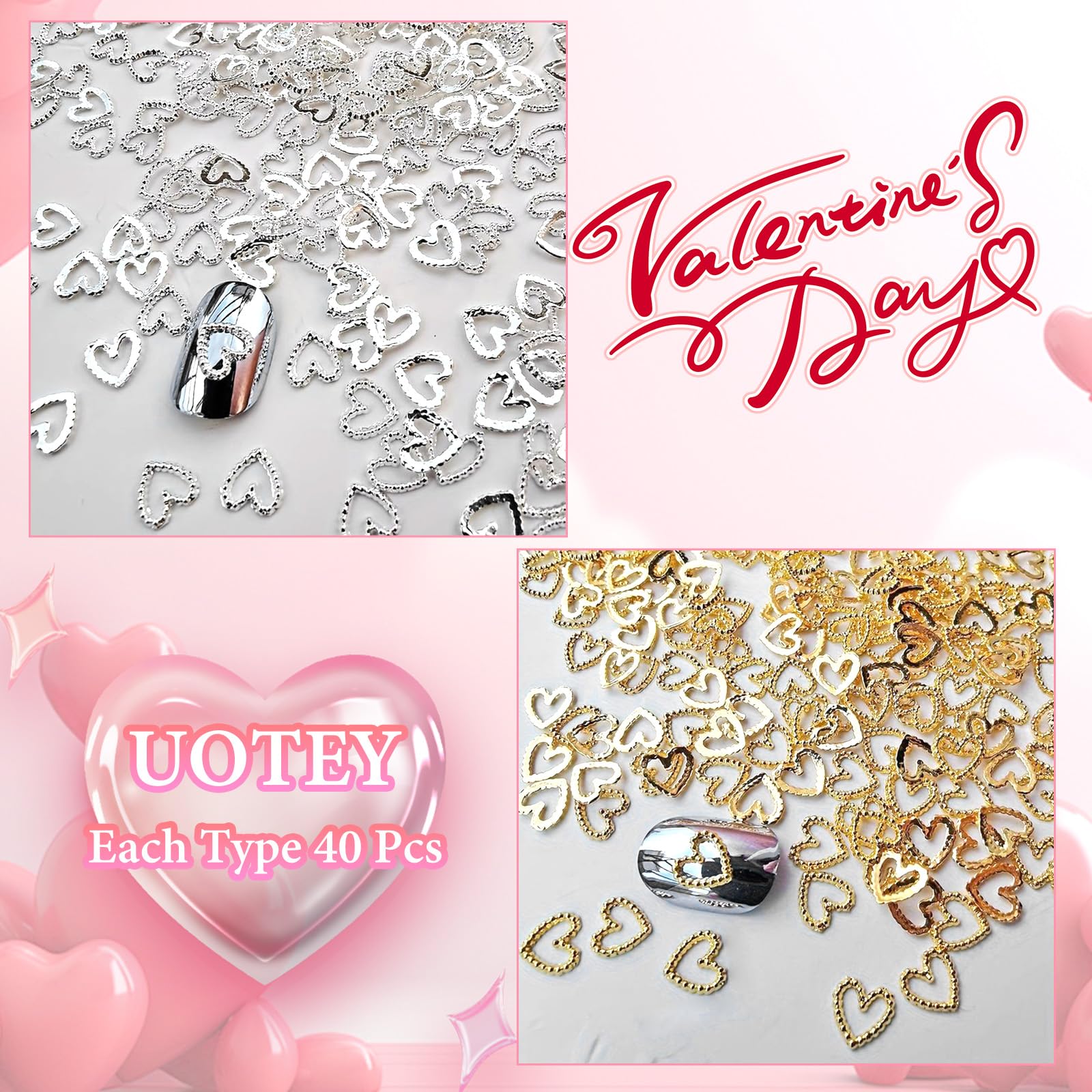 80Pcs Gold & Silver Heart Nail Art Charms - Romantic 3D Alloy Heart Nail Decorations for Women | DIY Nail Art Designs, Wedding & Valentine's Day Nail Accessories