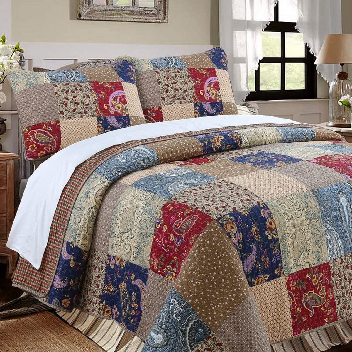 Cozy Line Home Fashions Floral Paisley Print 100% Cotton Patchwork Quilt Bedding Set - Reversible Coverlet & Bedspread (Sanders Red, Queen Size 3-Piece) for Bedroom Decor, Guest Room & Cozy Home Styling