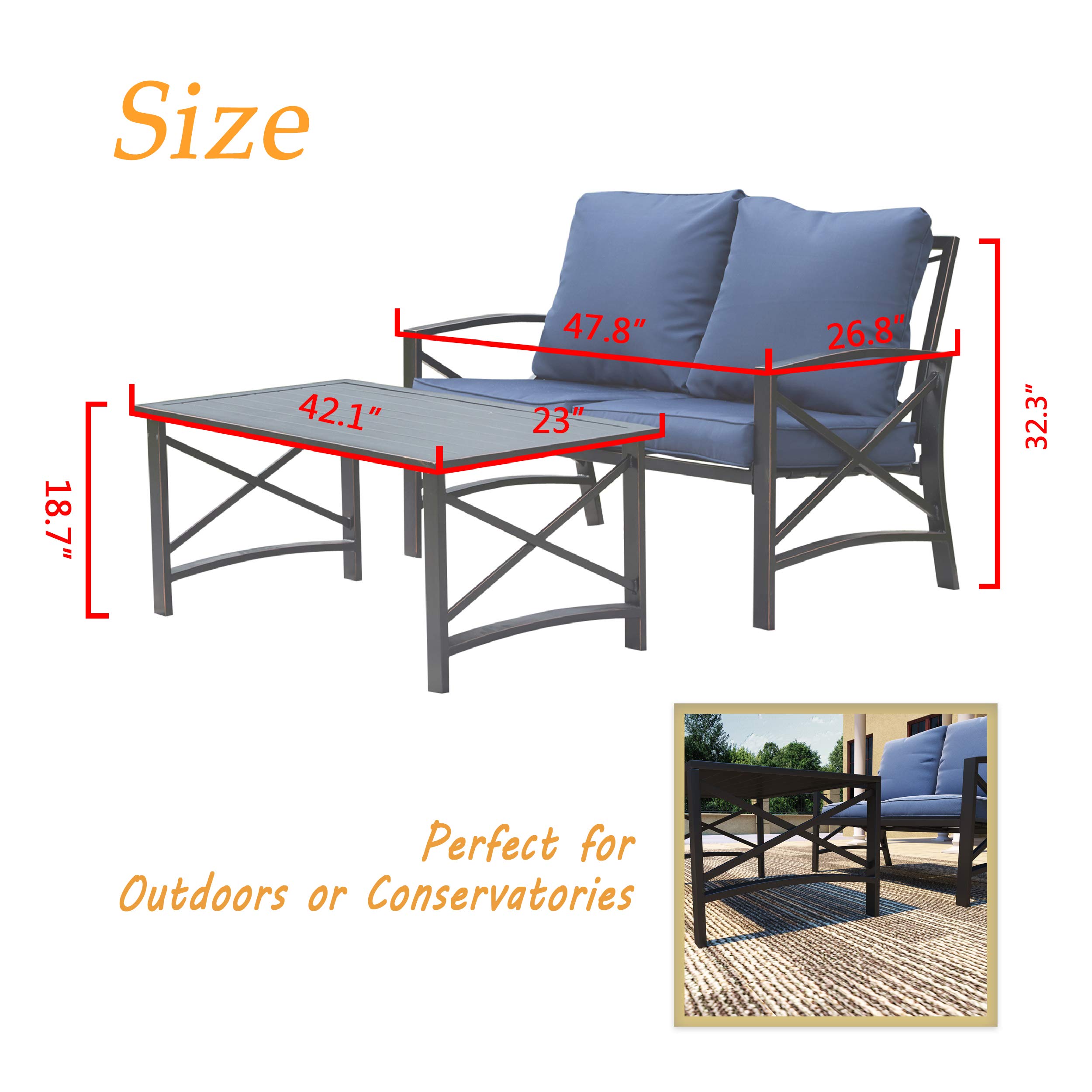 PatioFestival 5-Piece Metal Outdoor Patio Furniture Set - Blue Sectional Loveseat with Cushions & Coffee Table - Durable Weather-Resistant Conversation Set for Poolside, Backyard, Garden, Deck or Lawn
