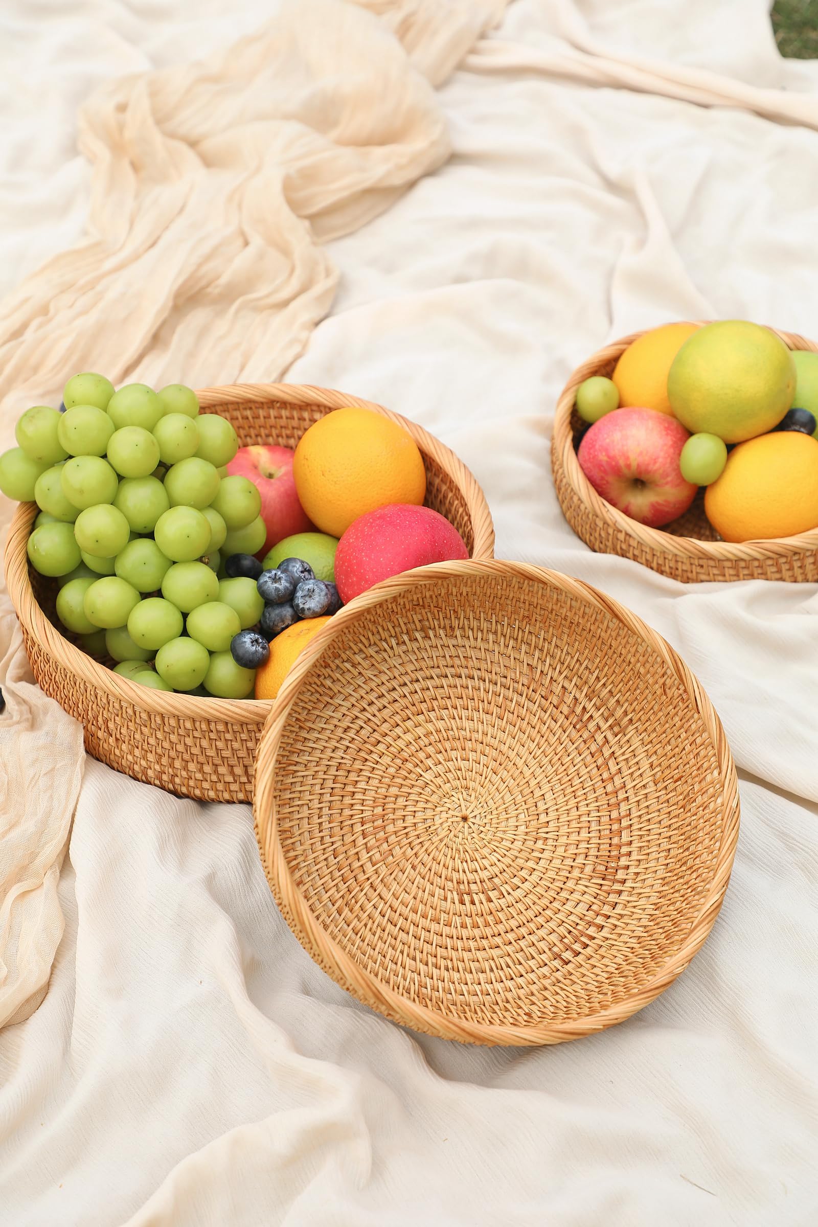 Handmade Rattan Bread Basket Set of 3 - Round Woven Wicker Fruit Serving Bowls for Kitchen Storage & Counter Organization | Natural Honey Brown Decorative Basket | Perfect for Bread Display, Fruit Serving, Pantry Storage & Home Decor