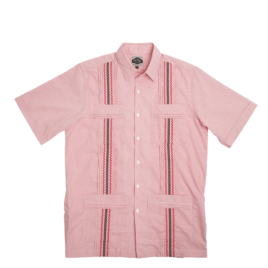 Can Cristobal Red Check Short Sleeve Guayabera Shirt for Men - Casual Summer Wear, Beach Vacation, and Tropical Party Outfit