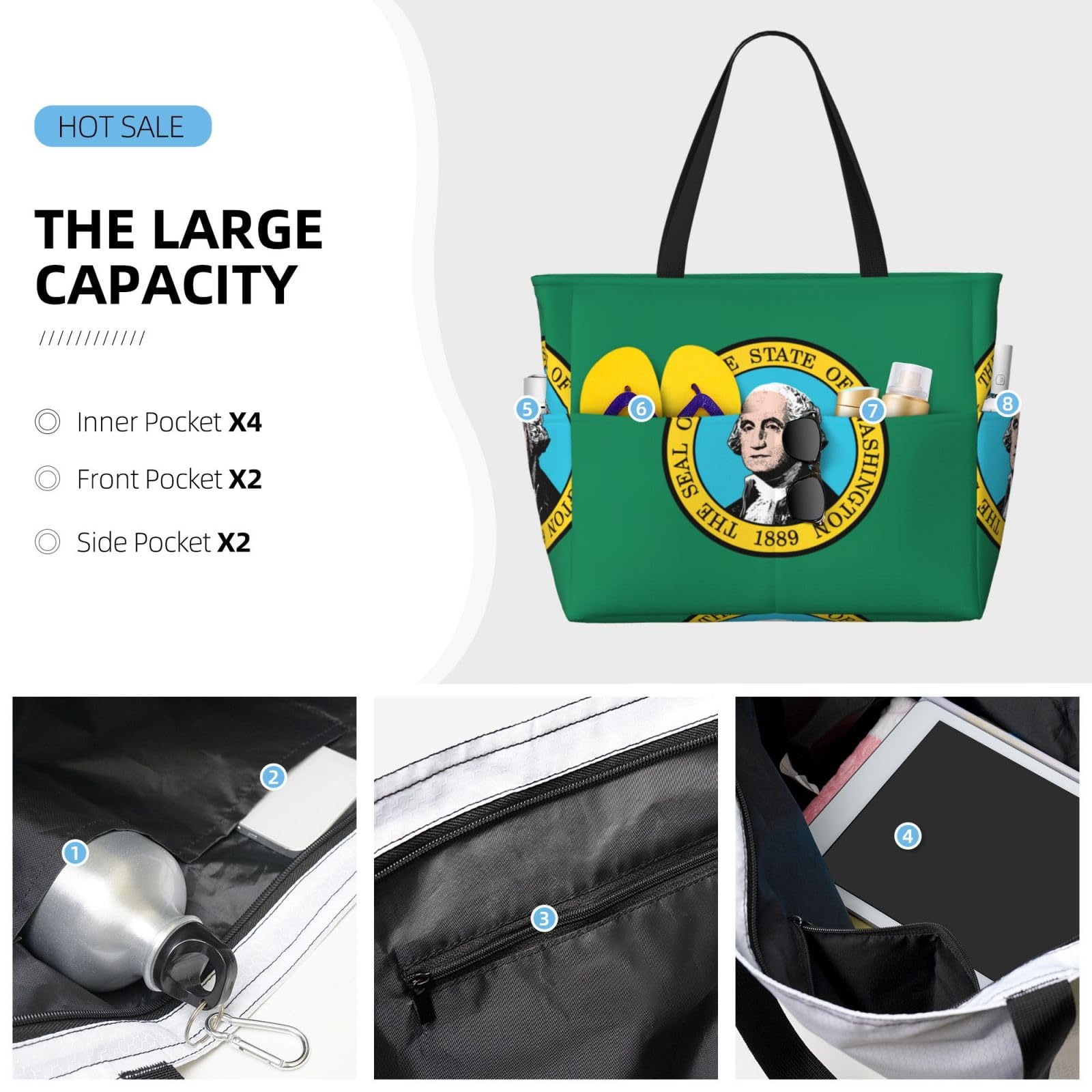 Washington Flag Beach Tote - Extra Large Travel Bag for Women | Beach & Outings