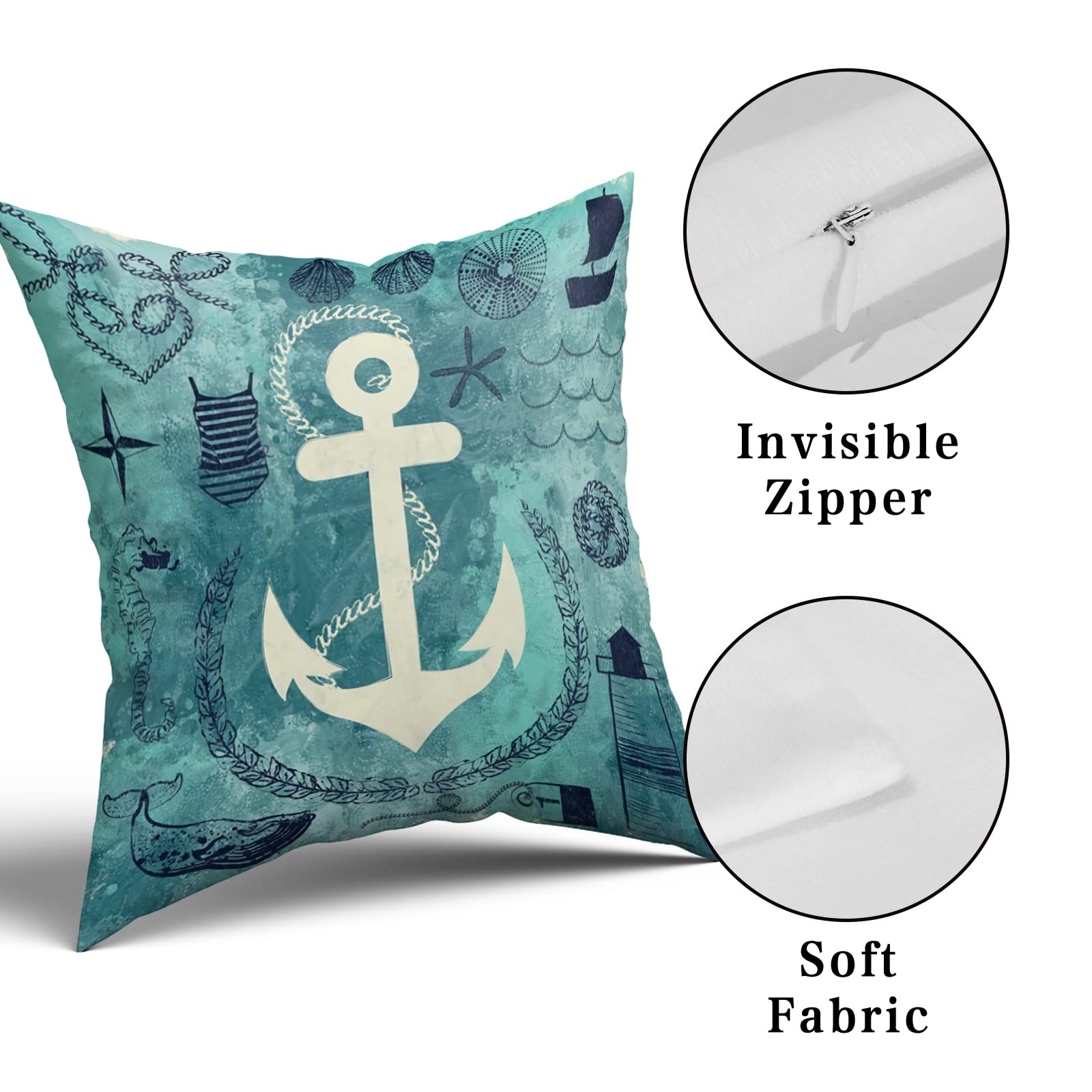 2PCS White Anchor Pillow Cases 18x18 Inch - Nautical Blue Throw Pillow Covers for Couch, Sofa, Bed - Boat Theme Decorative Cushion Covers for Bedroom, Living Room & Outdoor Use - Set of 2 Home Decor Accents