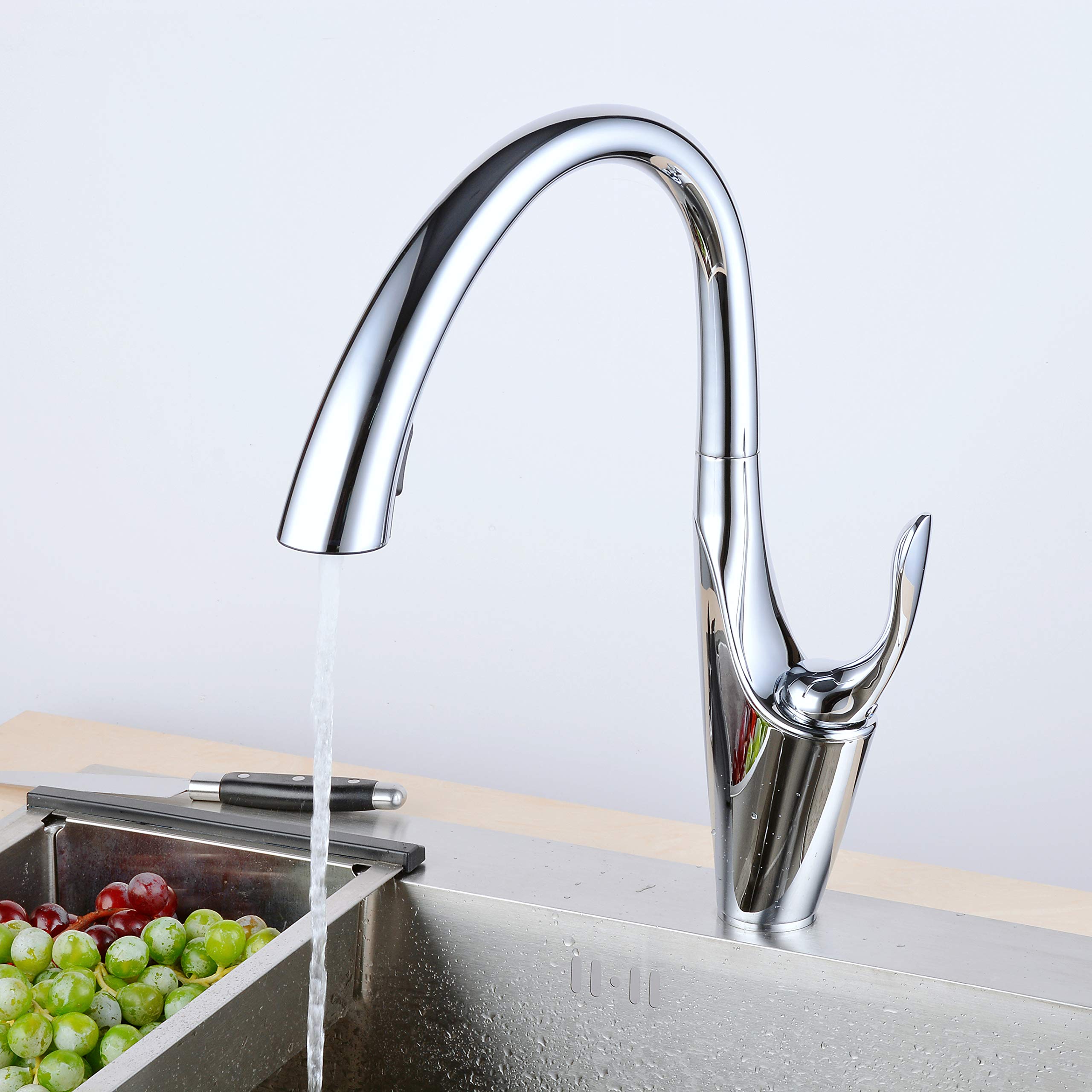Commercial Grade Pull-Out Kitchen Faucet with Single Lever & Add-On Button - Chrome Finish, 1-Hole Mount for Modern Sinks | Perfect for Restaurants, Food Trucks & Busy Home Kitchens
