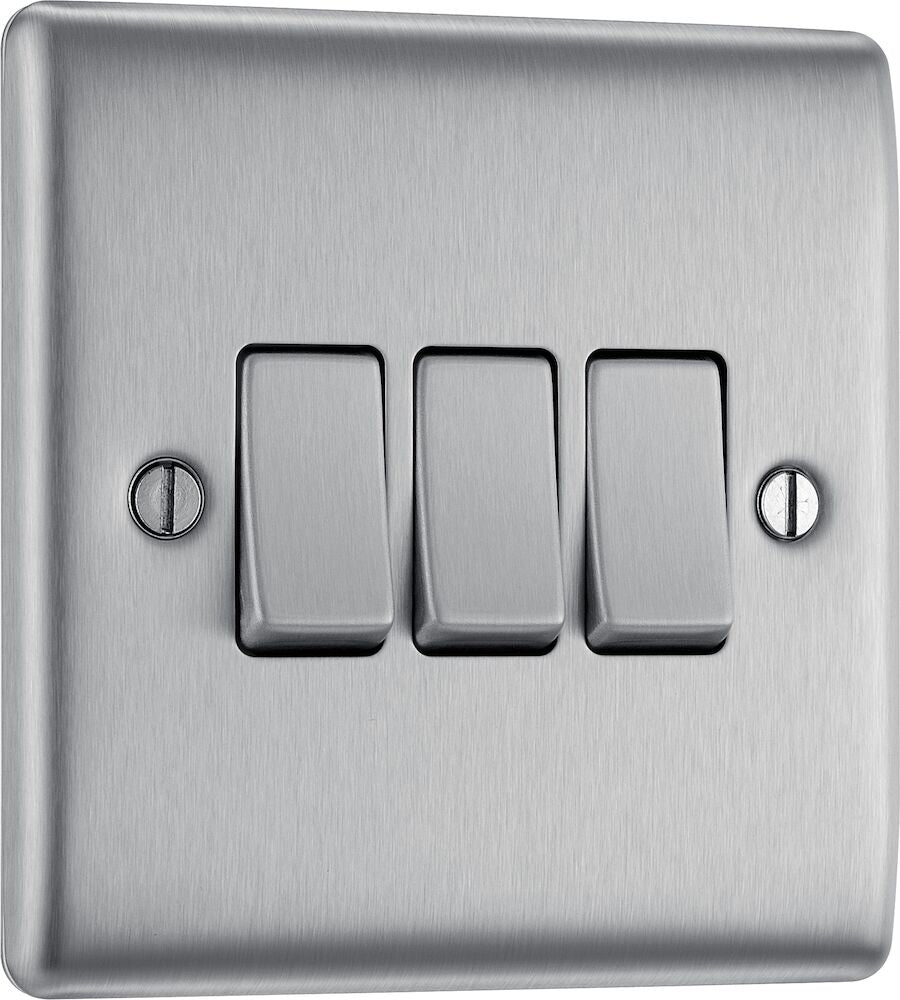 BG Nexus Metal Brushed Steel 3G 2W Light Switch NBS43 - Modern Electrical Wall Plate for Home & Office Decor | Perfect for Living Room, Bedroom, and Commercial Spaces