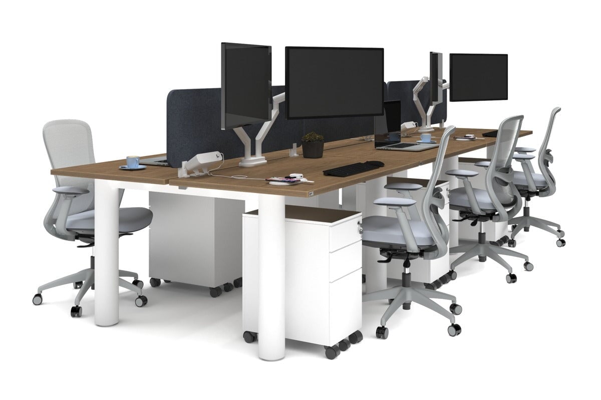 Quadro Cylinder Leg 6-Person Office Workstation Desk - 1400L x 800W with Cable Management Scallop - Modern Open Office Layout, Team Collaboration Space, Shared Workspace Solution
