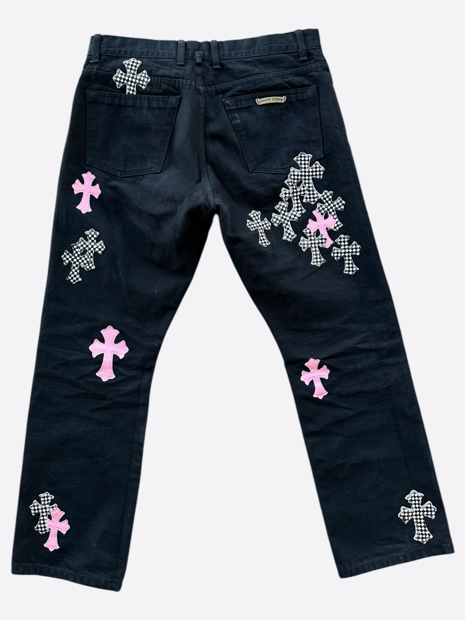Chrome Hearts Black Pink Checkered Cross Patch Fleur Jeans - Stylish Distressed Denim for Women, Perfect for Casual Outfits & Streetwear Fashion