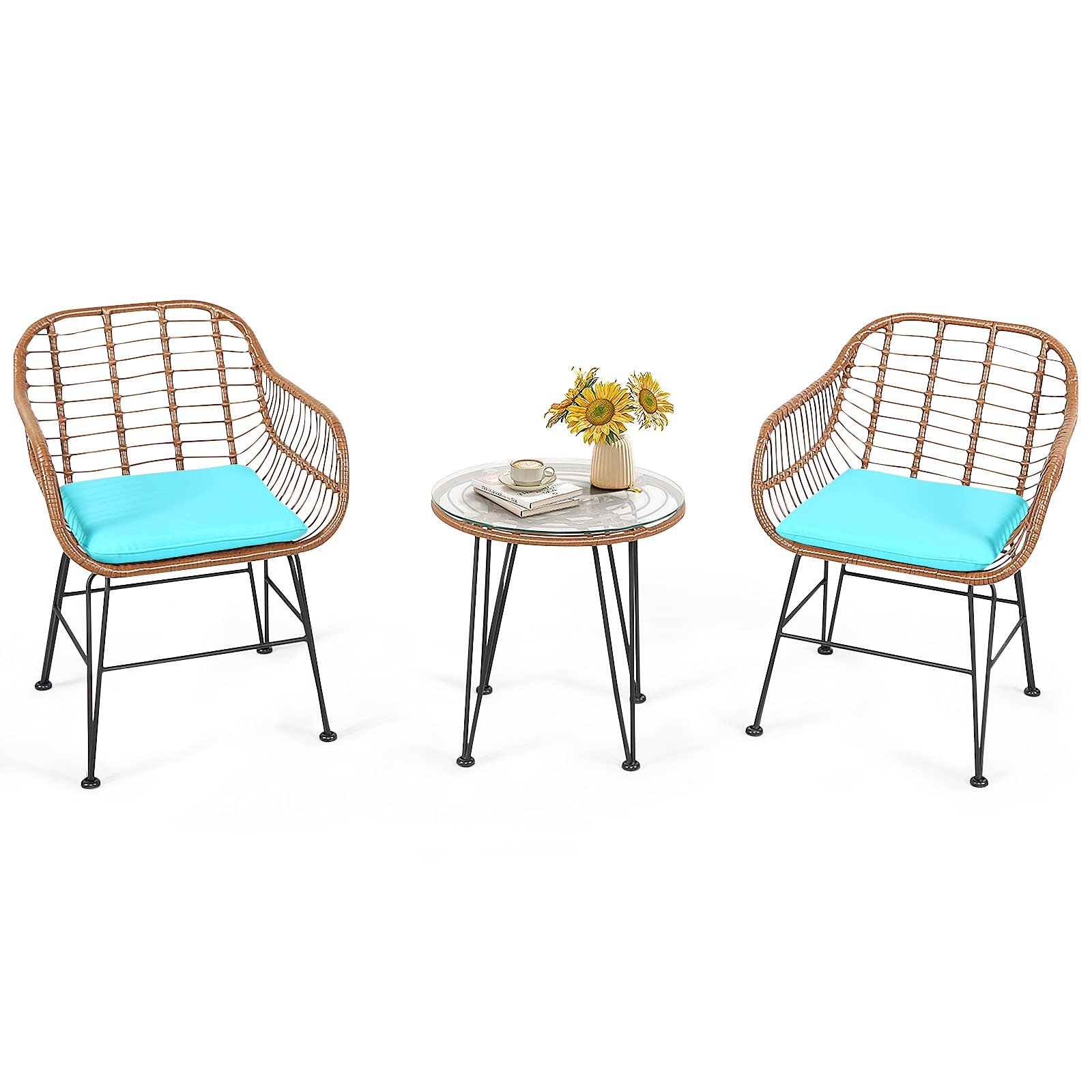 RELAX4LIFE 3-Piece Outdoor Rattan Bistro Set with Tempered Glass Table & 2 Armchairs - Patio, Porch, Garden Furniture for Relaxing, Entertaining & Dining (Turquoise)